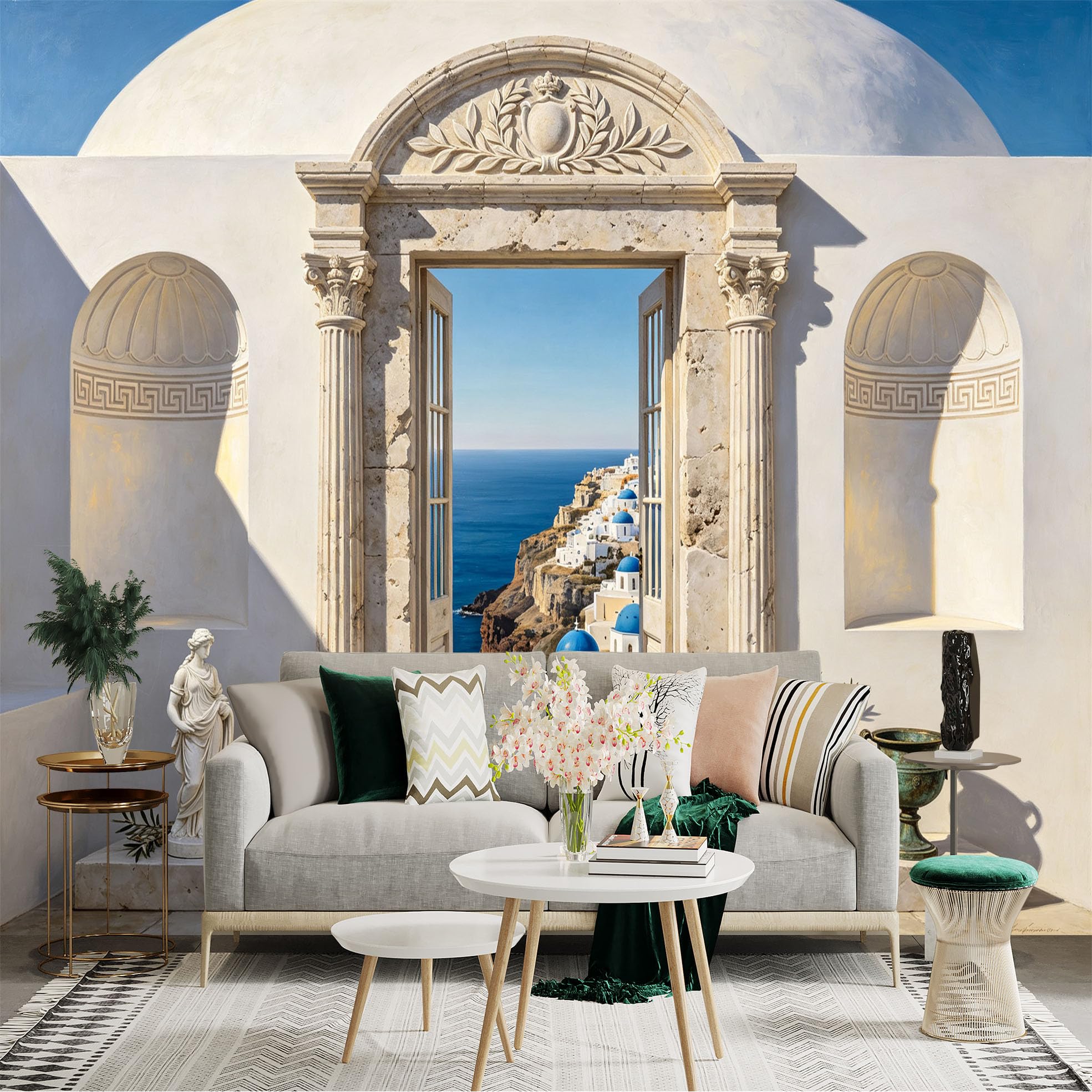 Custom Size Wall Sticker Mural， Mediterranean Coastal View， Blue Dome Architecture， Stone Archway Seaside， for wall Decoration， peelandstick wall Decals.