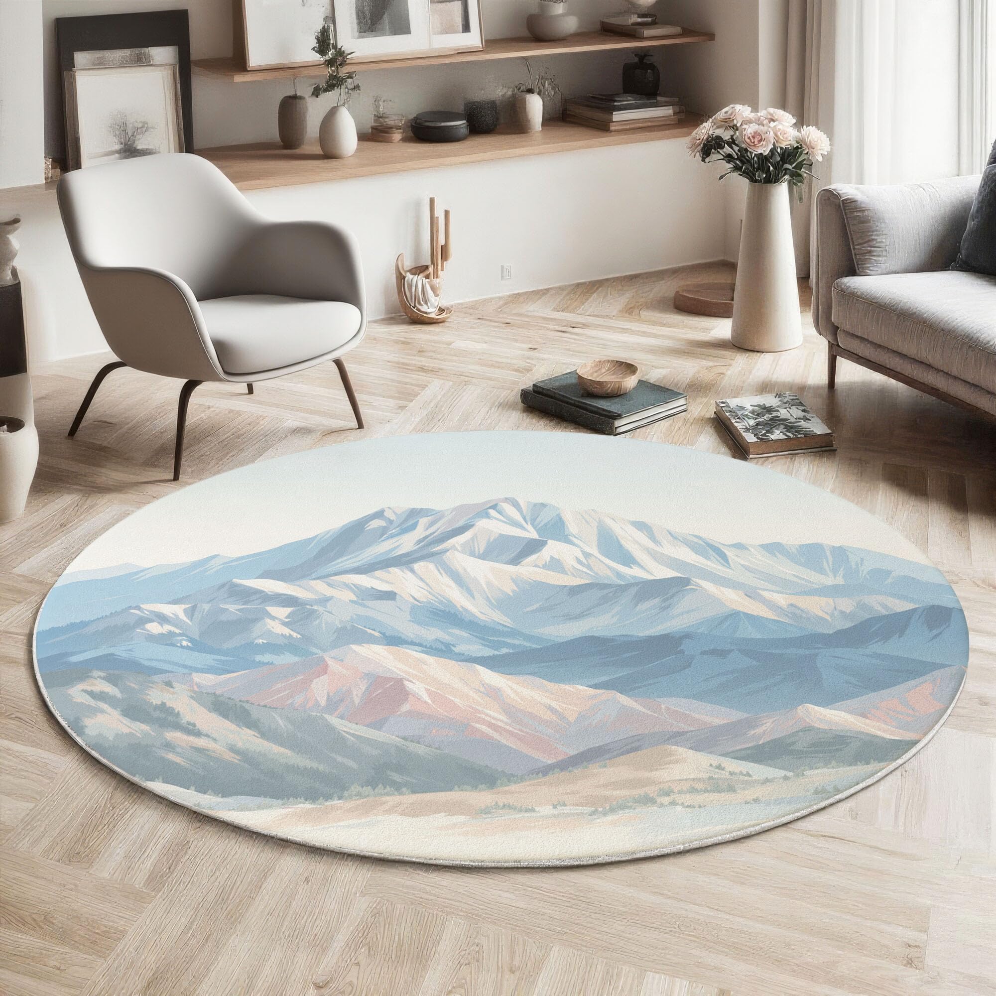 Tapis de sol pour chambre et salon bleu rond 90cm au design montagnes nordiques