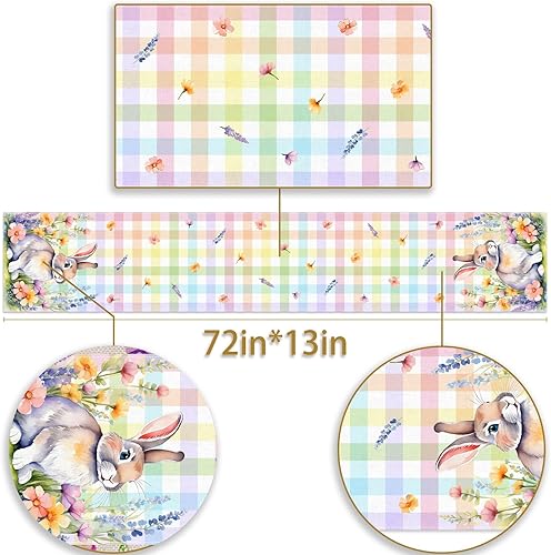 Miniatura 3 de Camino de mesa de conejito de Pascua, búfalo a cuadros de temporada, primavera, floral, fiesta, chimenea, cocina, comedor, decoración del hogar