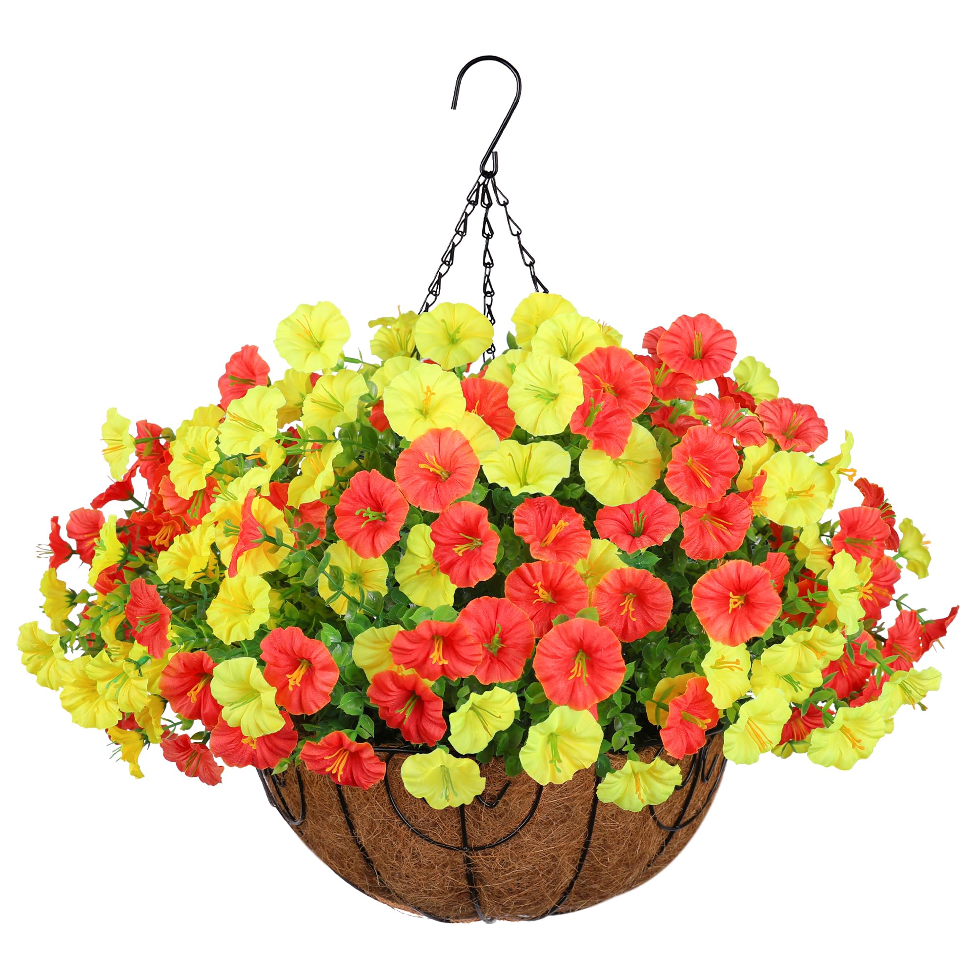 Artificial Fall Flowers Fake Hanging Plants Flowers Basket for Outdoors Autumn Decoration, Silk Morning Glory with Eucalyptus Look Real UV Resistant