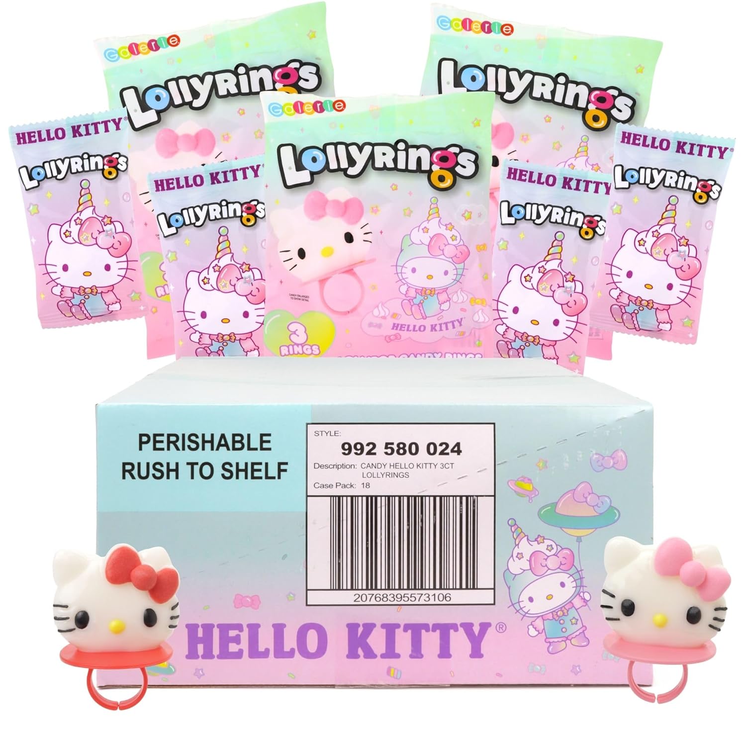 Hello Kitty Lollipop Rings, Strawberry and Fruit Punch Flavored Suckers, Themed Party Favors, 3 Count Bag, 1.27 Ounces (18 Pack)