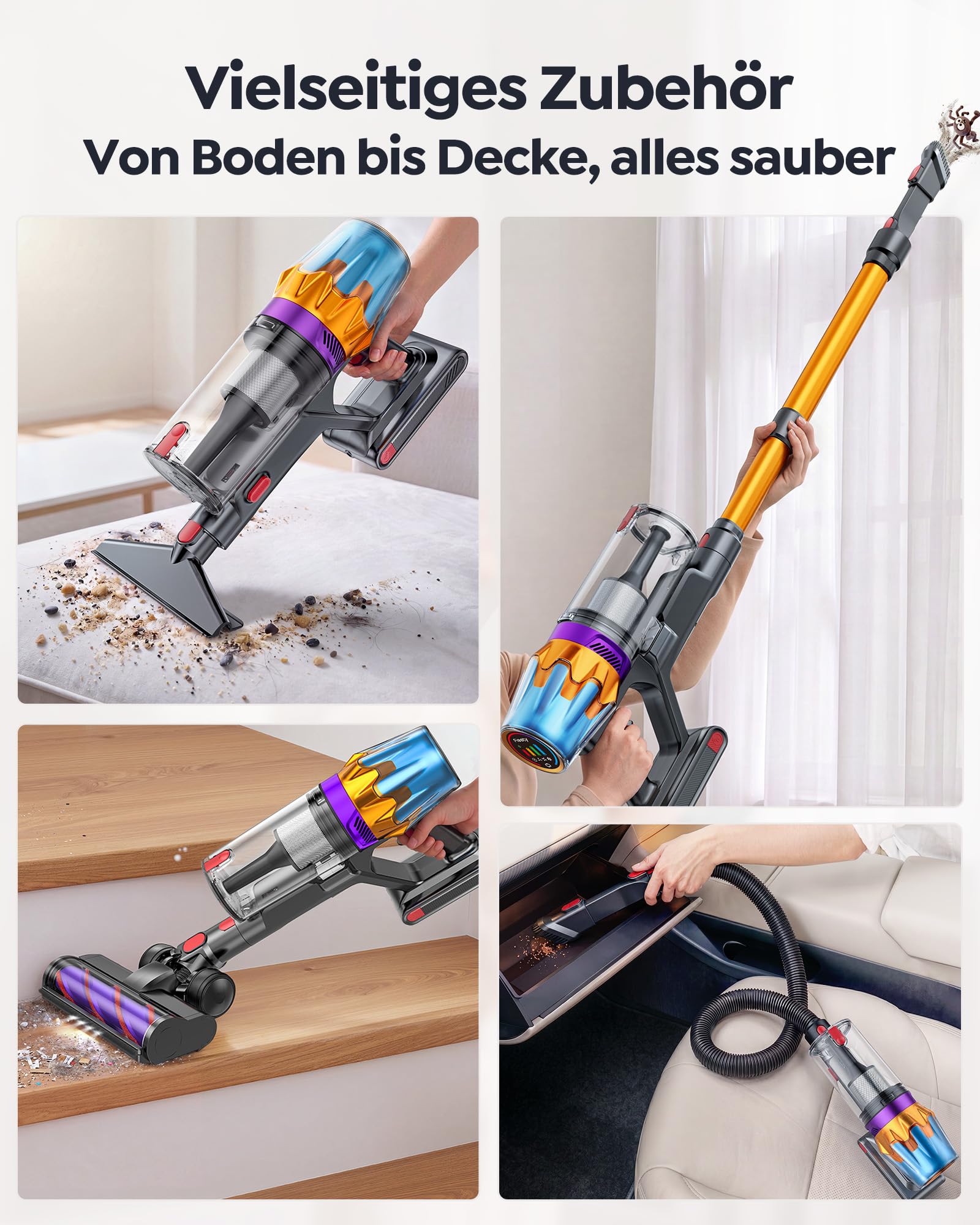 Fieety Akku Staubsauger Kabellos 55KPa/650W/80Min, 1,8L Akkustaubsauger mit Automatikmodus, 1,5M Schlauch, Duftfunktion, Anti-Tangle-Bürste, für Tierhaare, Teppiche, Hartböden, Auto