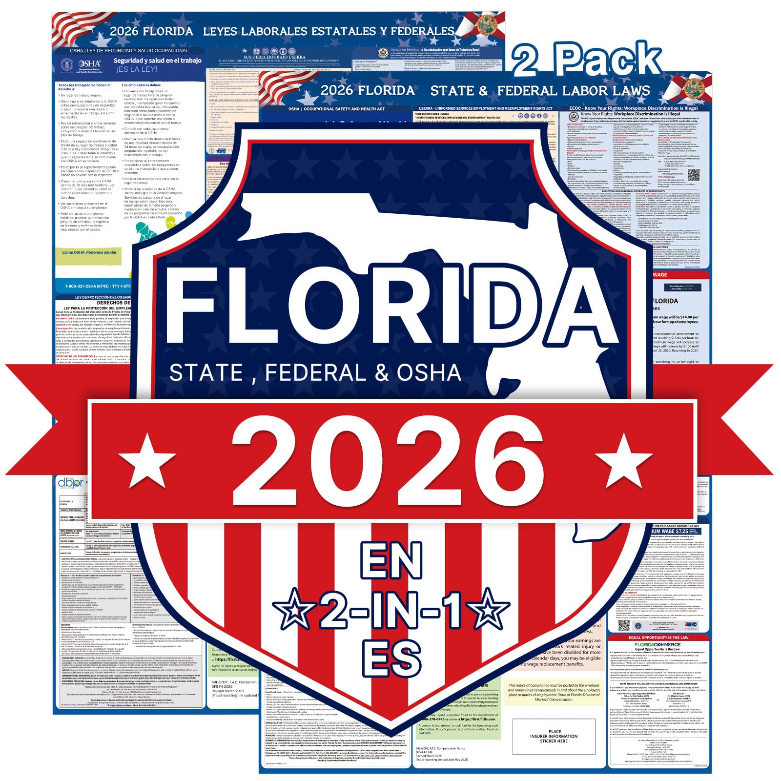 PUNCHMAN 2pcs 2026 Florida State &amp; Federal Workplace Labor Poster - Bilingual English/Spanish 2 Version Guidelines Posting for Workplace, Durable Laminated, Includes 2026 Minimum Wage Info