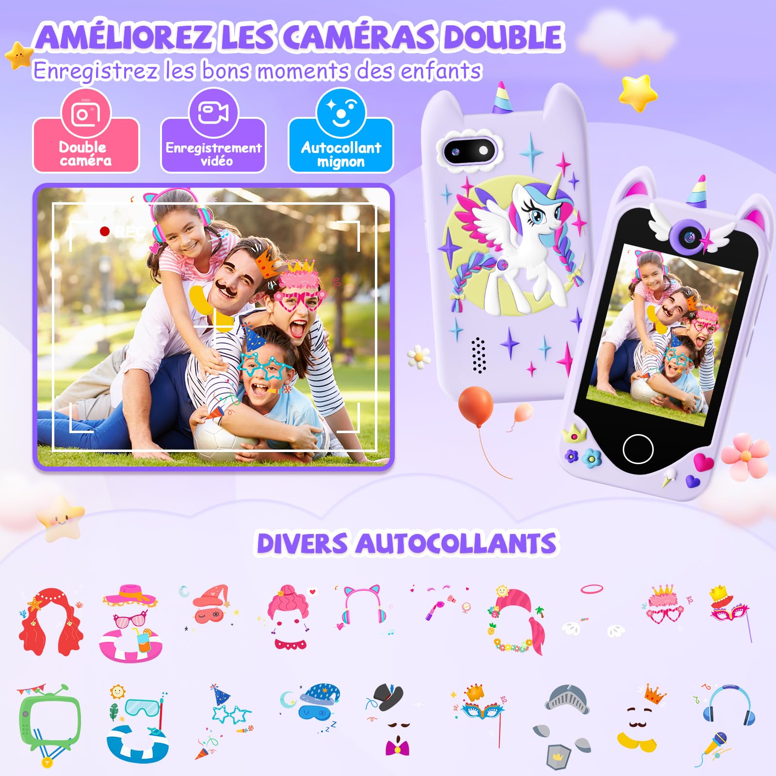 Telephone Portable Enfant Jouet - Téléphone pour Enfant avec écran Tactile, Caméras, Apprentissage Jouet, Jeux avec , Carte SD de 32 Go, Cadeau d'anniversaire pour Les Filles de 3, 4, 5 et 6 Ans