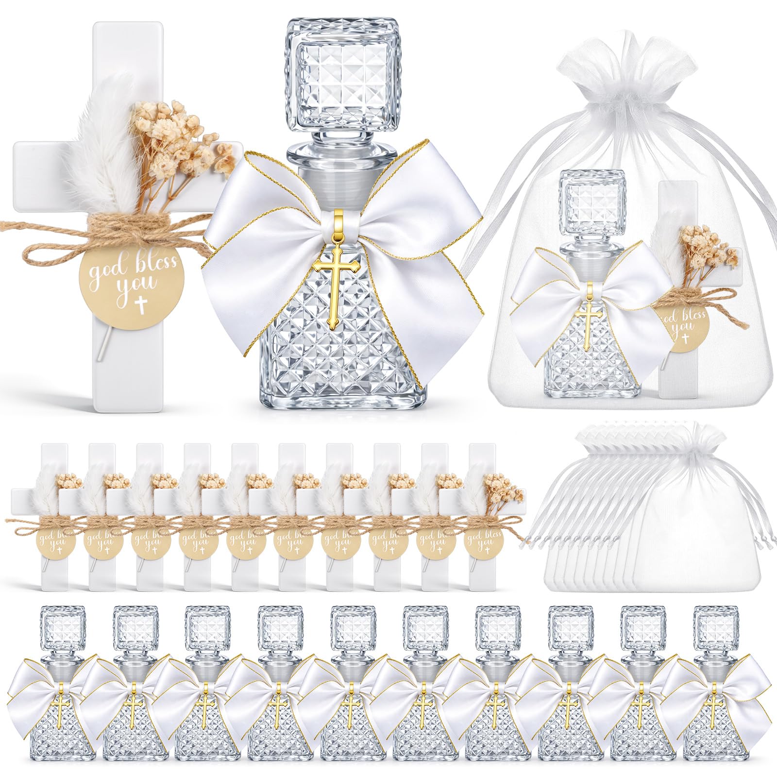 Chuangdi 40 Stück Taufgeschenke für Gäste, 10 Stück klare christliche Glasflasche, 10 Holzkreuzmagnete mit Blume, 10 Schleifen mit Goldkreuz, 10 Organzabeutel für die Erstkommunion, Kirche