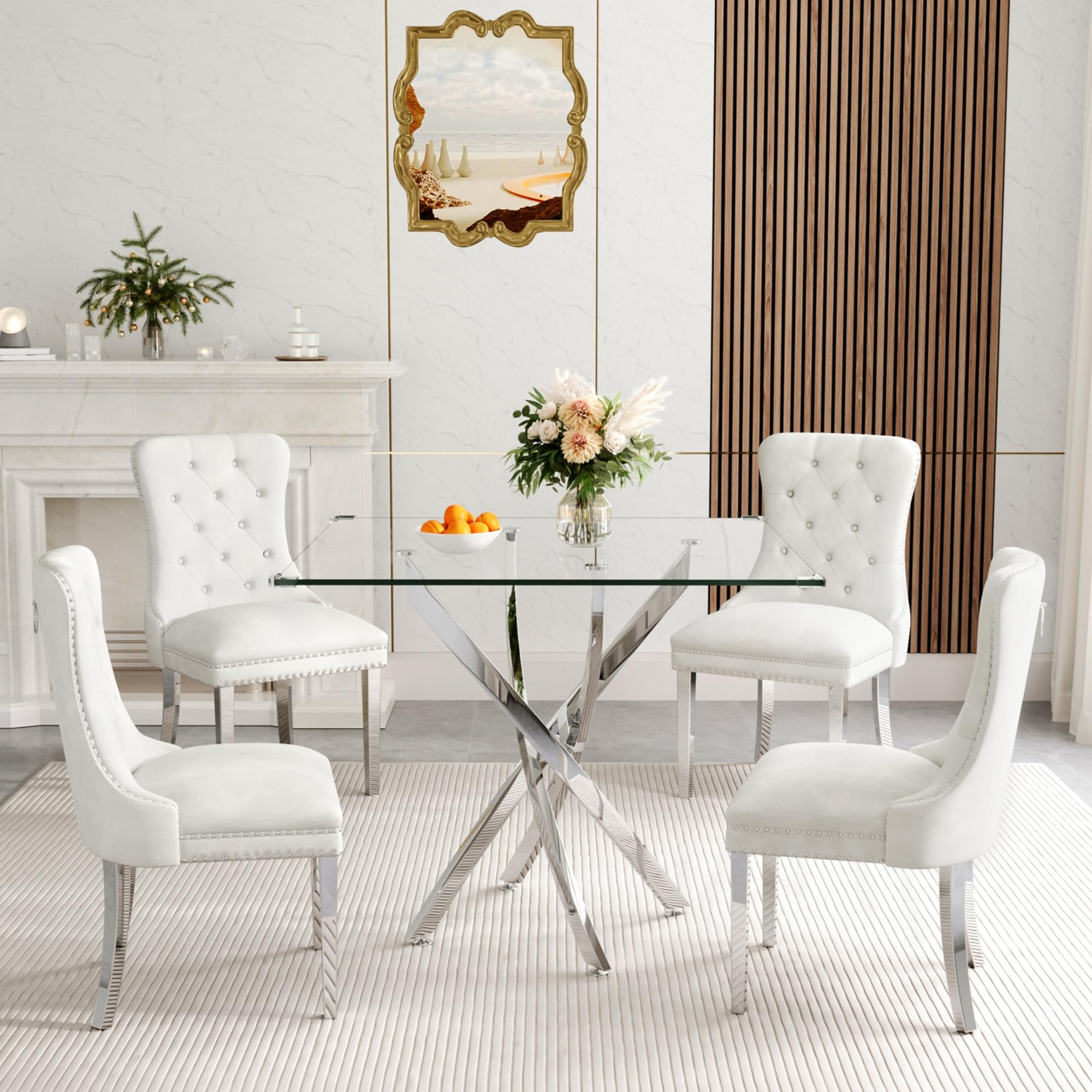 AF ARTISAN FURNITURE 36" Square Glass Dining Table Set for 4, 5-Piece Modern Kitchen Table with 4 White Velvet Chairs, Dining Room Table Set for