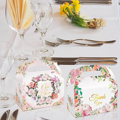 Miniatura 7 de 12 cajas de dulces con diseño de flores y texto en inglés "Thank You Our Love" con asa de papel kraft con temática de flores, para bodas,