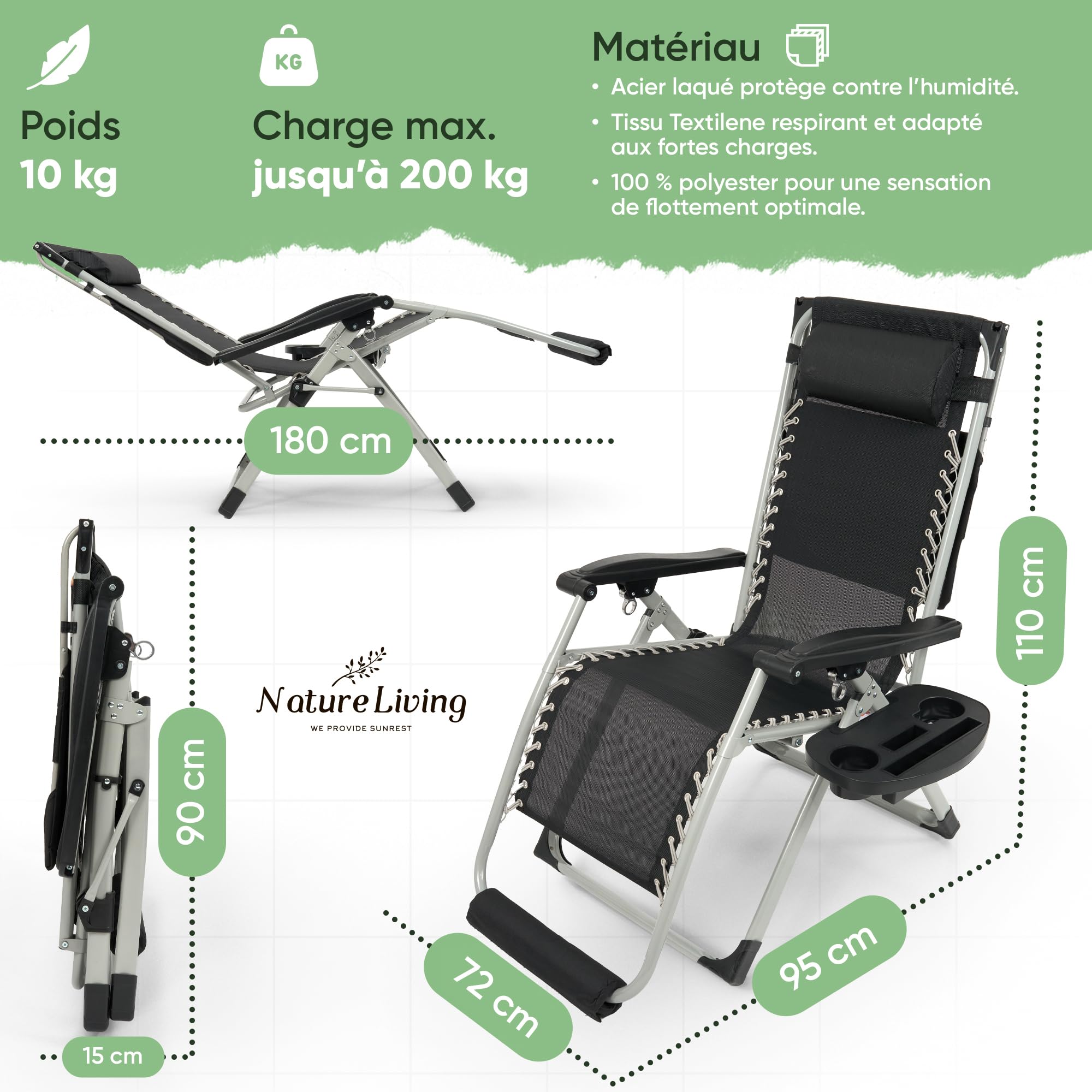NatureLiving® Transat Pliable – Robuste, Rabattable et Résistant aux Intempéries – Bain de Soleil avec Toit pour Jardin et Balcon, Chaise Longue Outdoor Relax, Supporte 200 kg