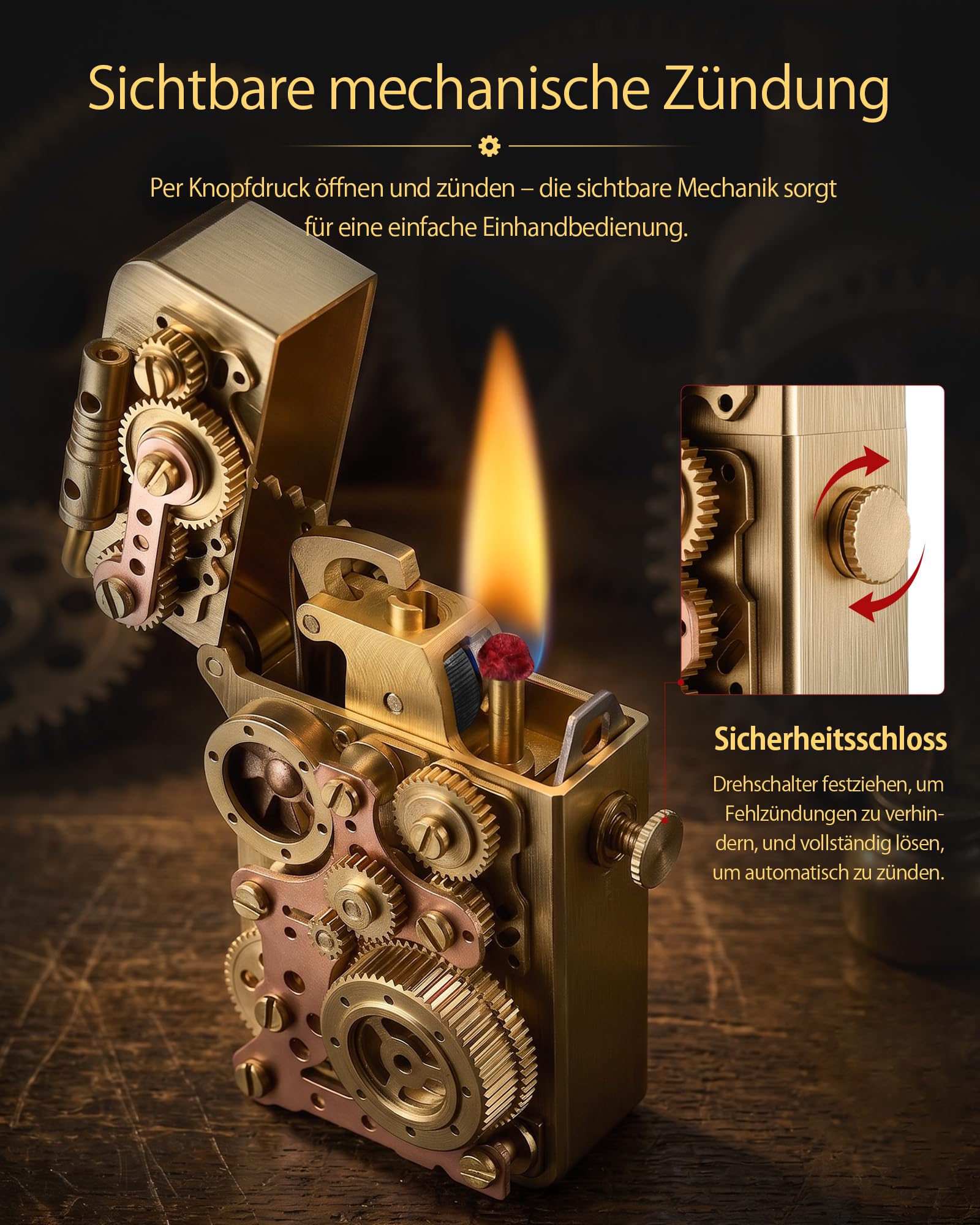 Einzigartiges Retro Soft-Flame Kupfer Mechanisches Kerosin Feuerzeug Automatische Zündung Nachfüllbar Steampunk Schaltgestänge Sicherheitsschloss Luxus Komplex Sammlerstück Geschenk für Freund Thorens | Einzigartige automatische Zündung, nachfüllbares Ste