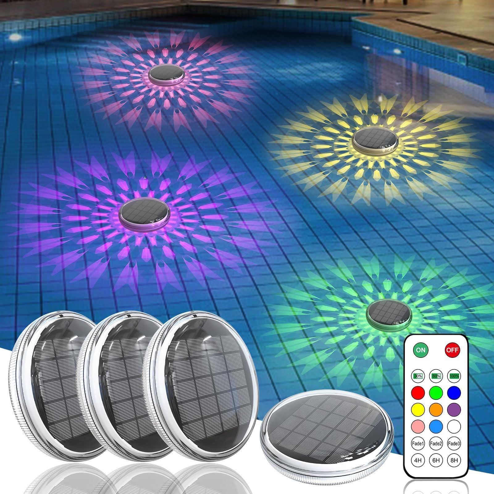 Kitloo Solar Charging Floating Pool Lights, Swimming Pool Lights with Remote Control, 9 Lighting, Timing Mode, IP67 Waterproof for Hot Tub, Lazy Spa, Garden, Underwater, Pool Party(4 Pack)