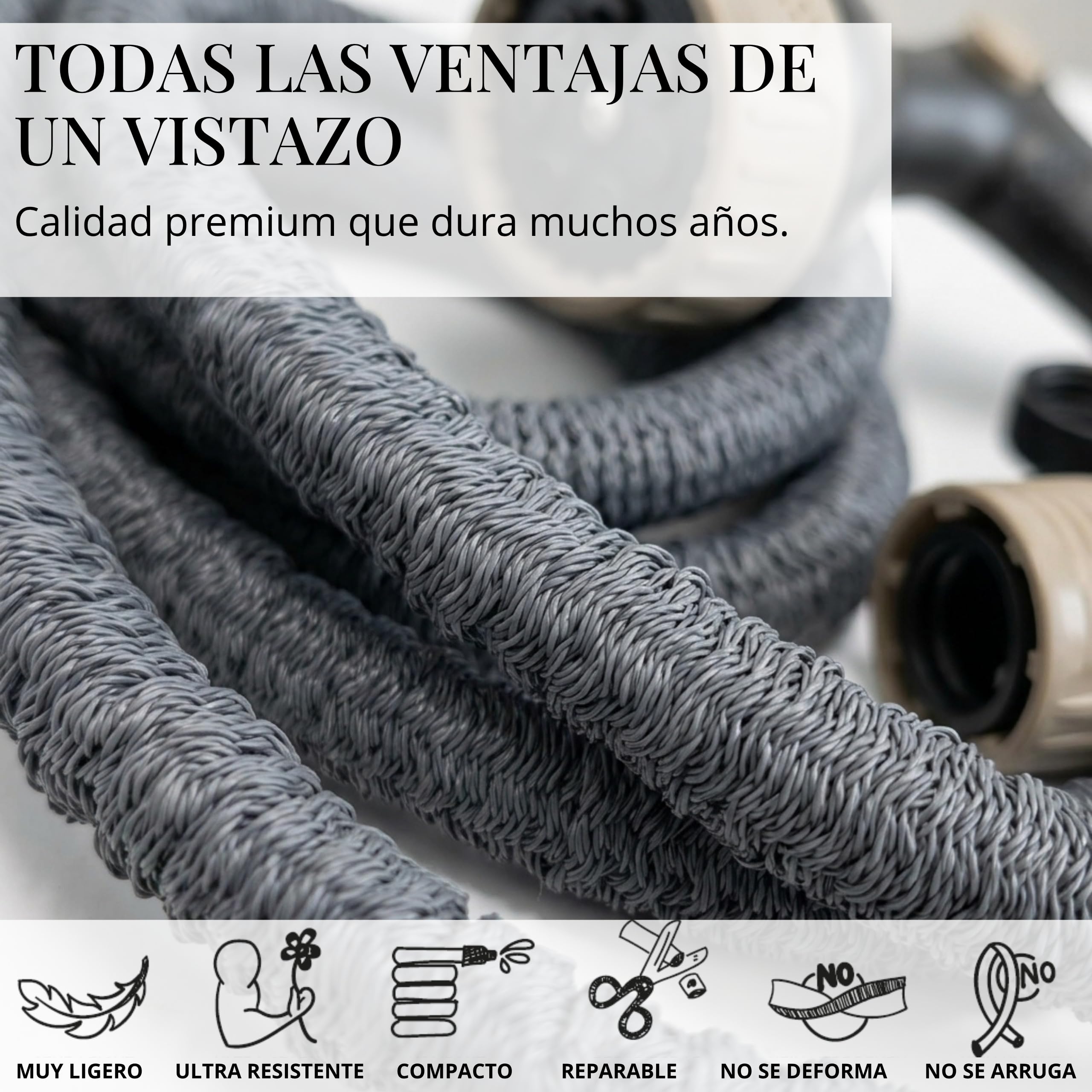 LIVLIG Manguera flexible 15 m Made in Italy – tubo extensible 1/2" con conectores y pistola multifunción – Gris