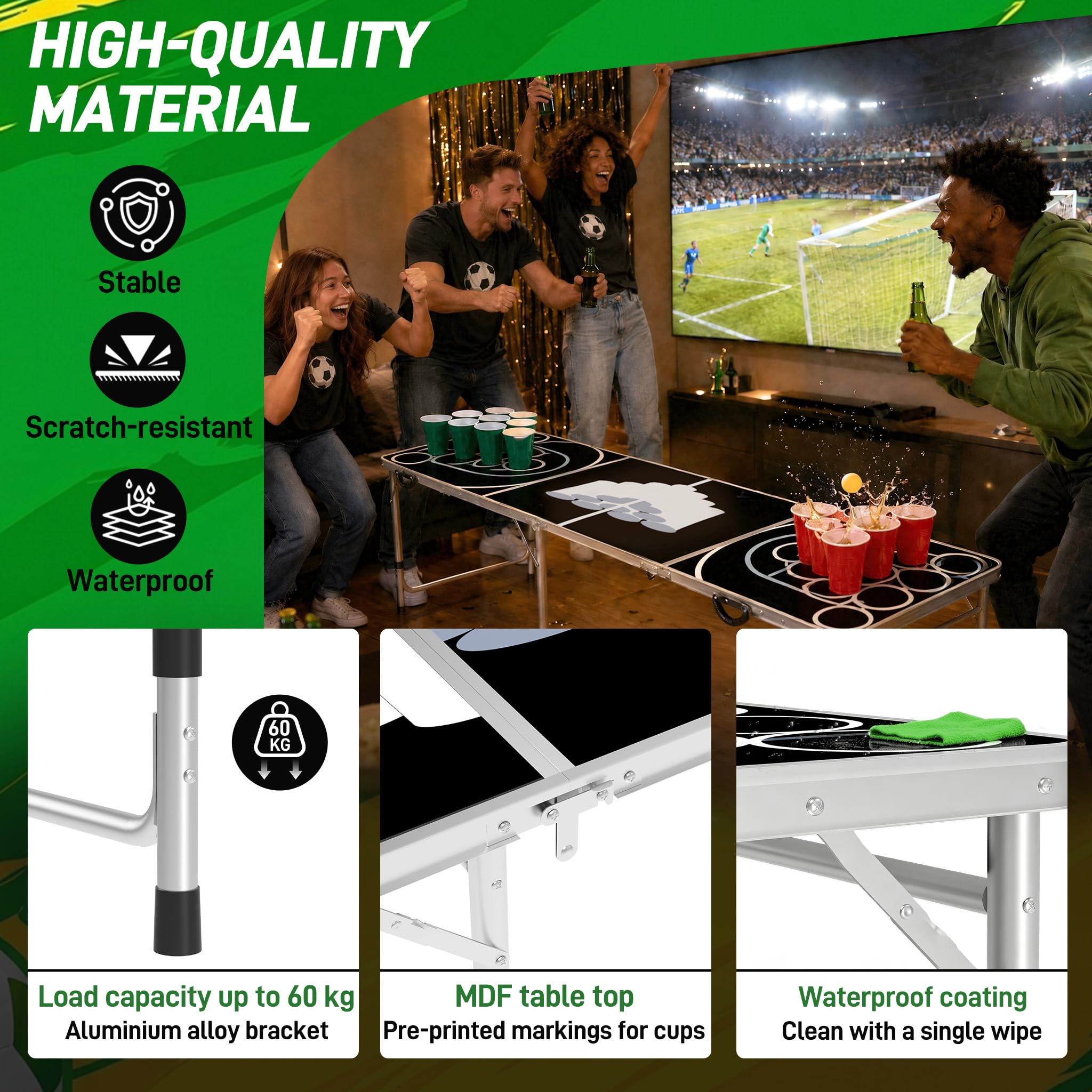 UISEBRT Bierpong Tisch 242cm Klappbar höhenverstellbar Aluminium Rahmen MDF wasserdicht inkl. 100 Becher & 5 Bälle Tragbar Koffer-Design für Party Garten Camping