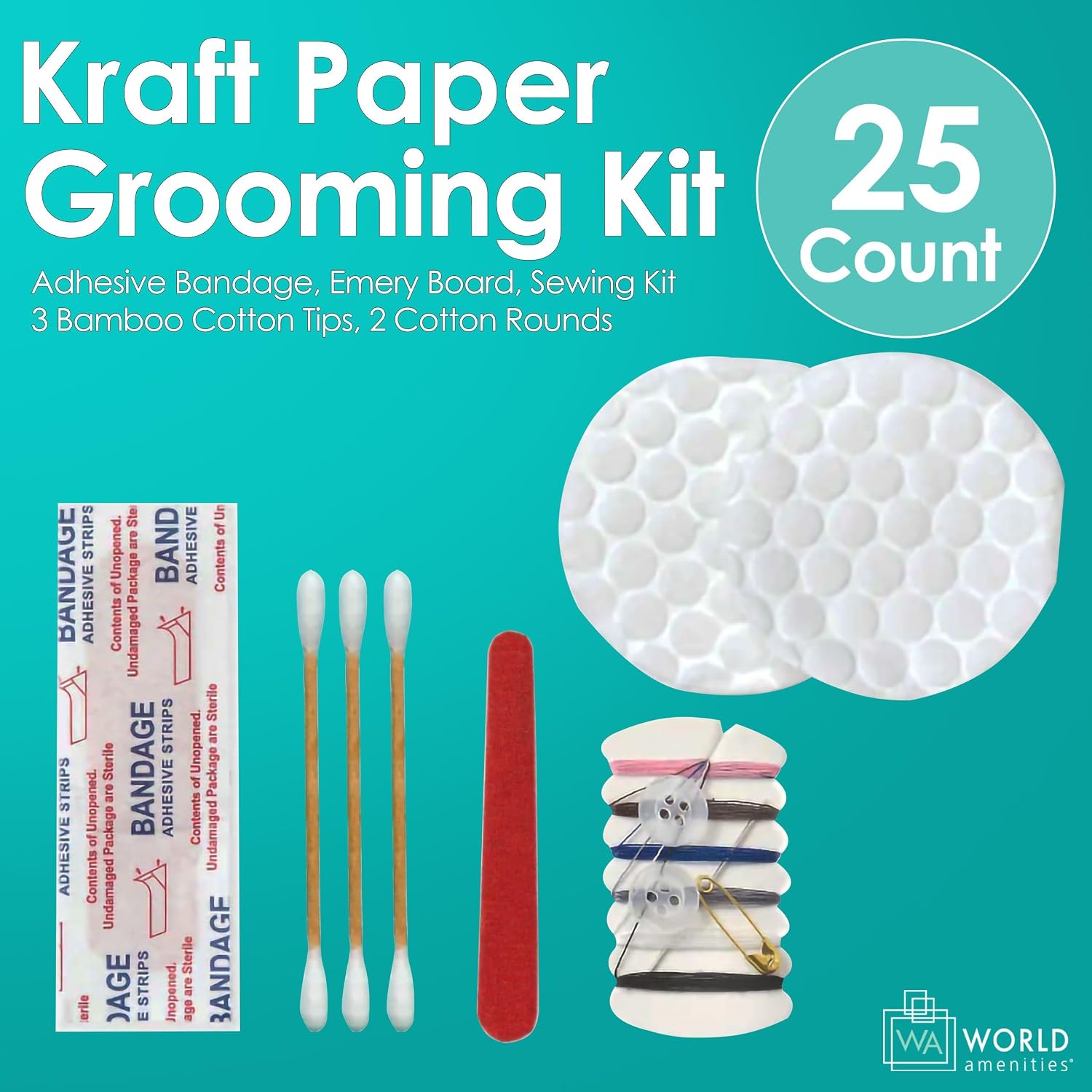 World Amenities Kraft Paper Grooming Kit - Travel Size Toiletries - Cotton Rounds, Bamboo Cotton Tips, Sewing Kit, Emery Board (25 Pack)
