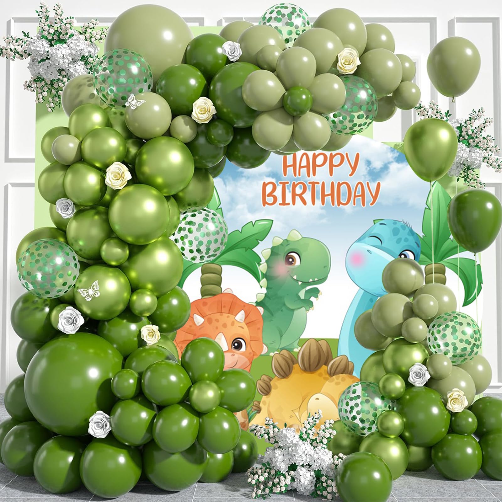 Sfondo Carino Dinosauro 200cm Buon Compleanno Cartone Animato Rotondo per Fotografia Acquerello Cocco Albero Uovo Fotografia Studio Prop