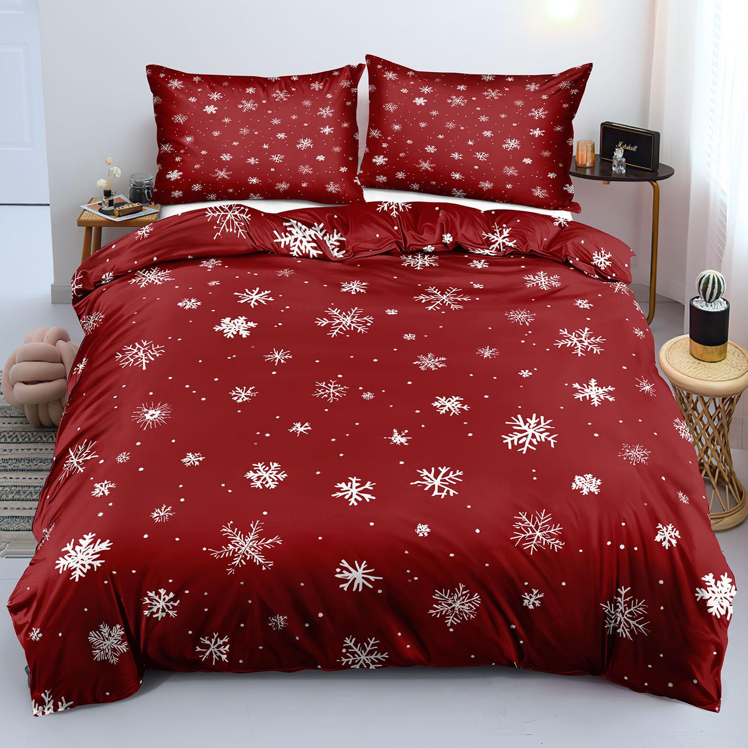 Parure de lit de Noël 260x240 à flocons rouges en microfibre douce avec taies