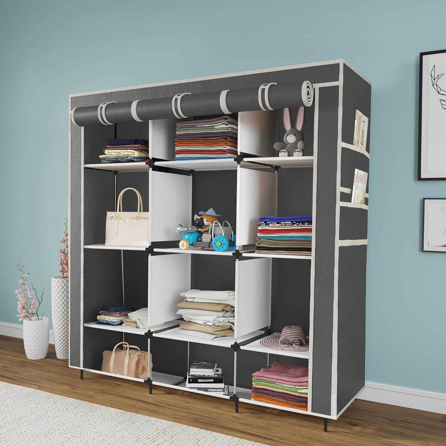 Maison & Cuisine® 12 Layer Collapsible Portable Foldable Wardrobe Storage Organizer Shelves for Clothes Racks Fabric Almirah Non Rustable Iron Storage Unit (88250) (Grey)