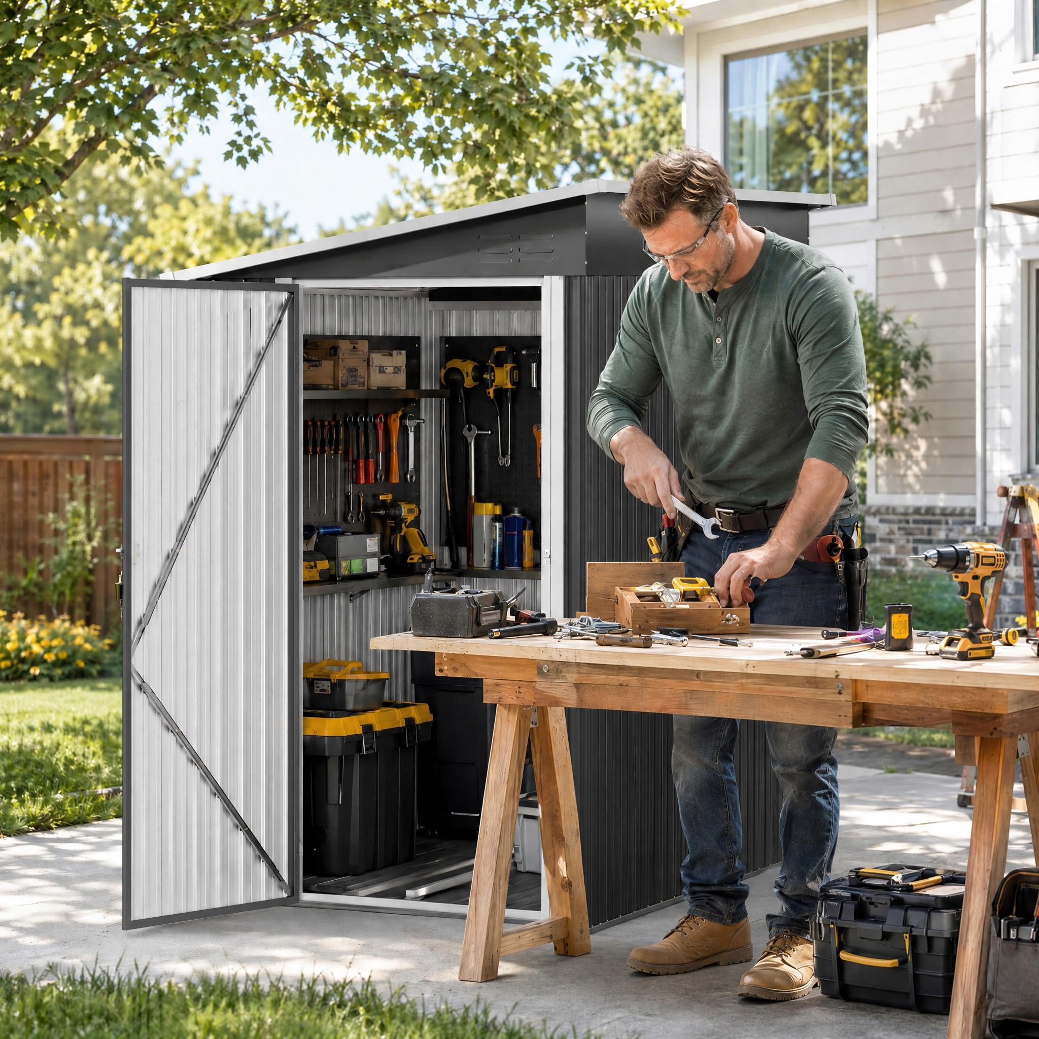 Metall Gerätehaus 4 m³ 192x132x185 cm Gerätehaus Eisen mit Pulverbeschichtung abschließbar & wetterfest Pultdach Werkzeugschrank für Garten Baustelle Industrie/Landwirtschaft,Schwarz