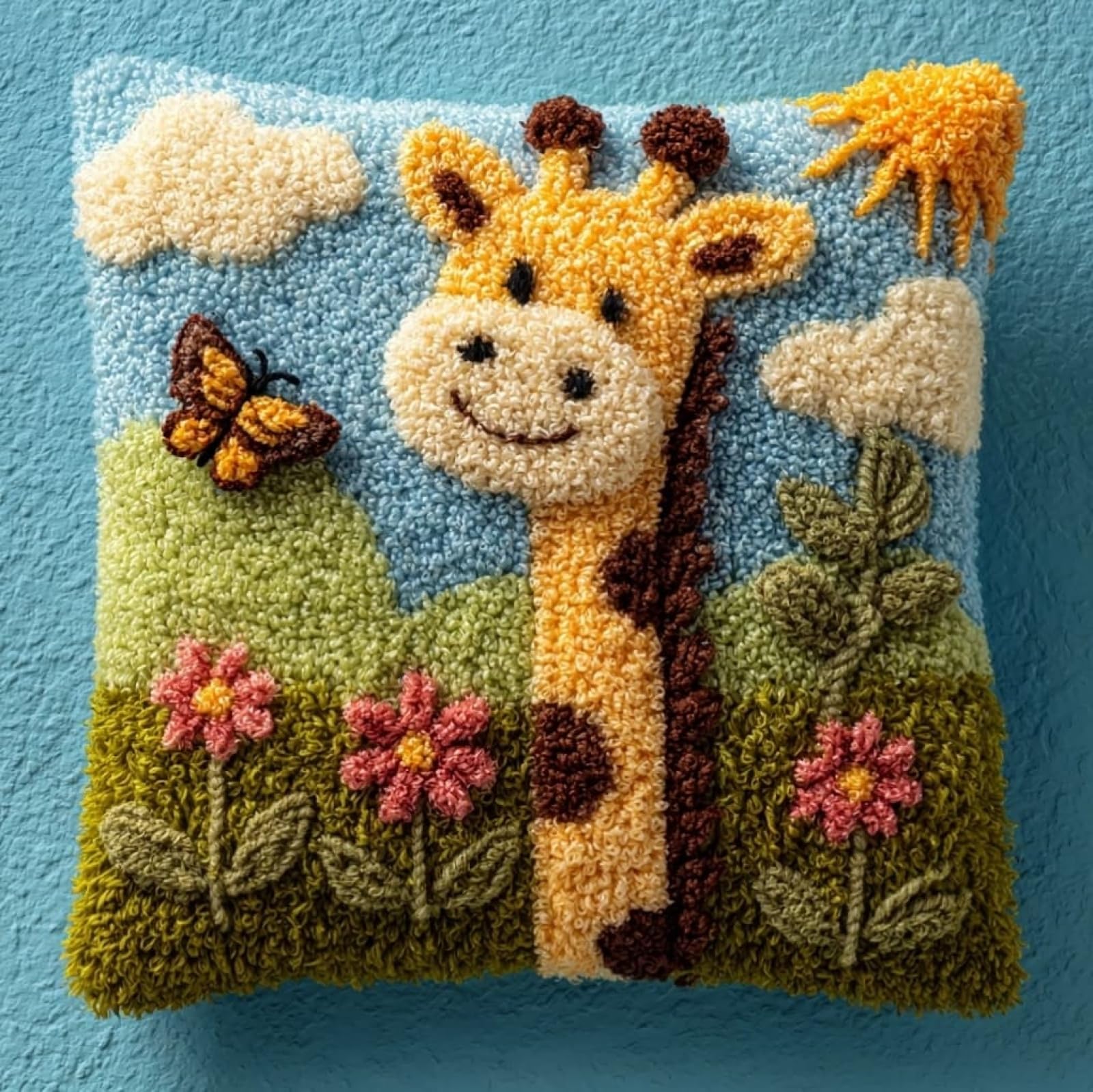 AxiangziK Latch Hook Cushion Kits 17x17inch,Giraffe and Butterfly Latch Hook Pillow Case Kits,DIY Needlework Pillow Cover Sofa Rug Making for Adults,Craft Home Decor