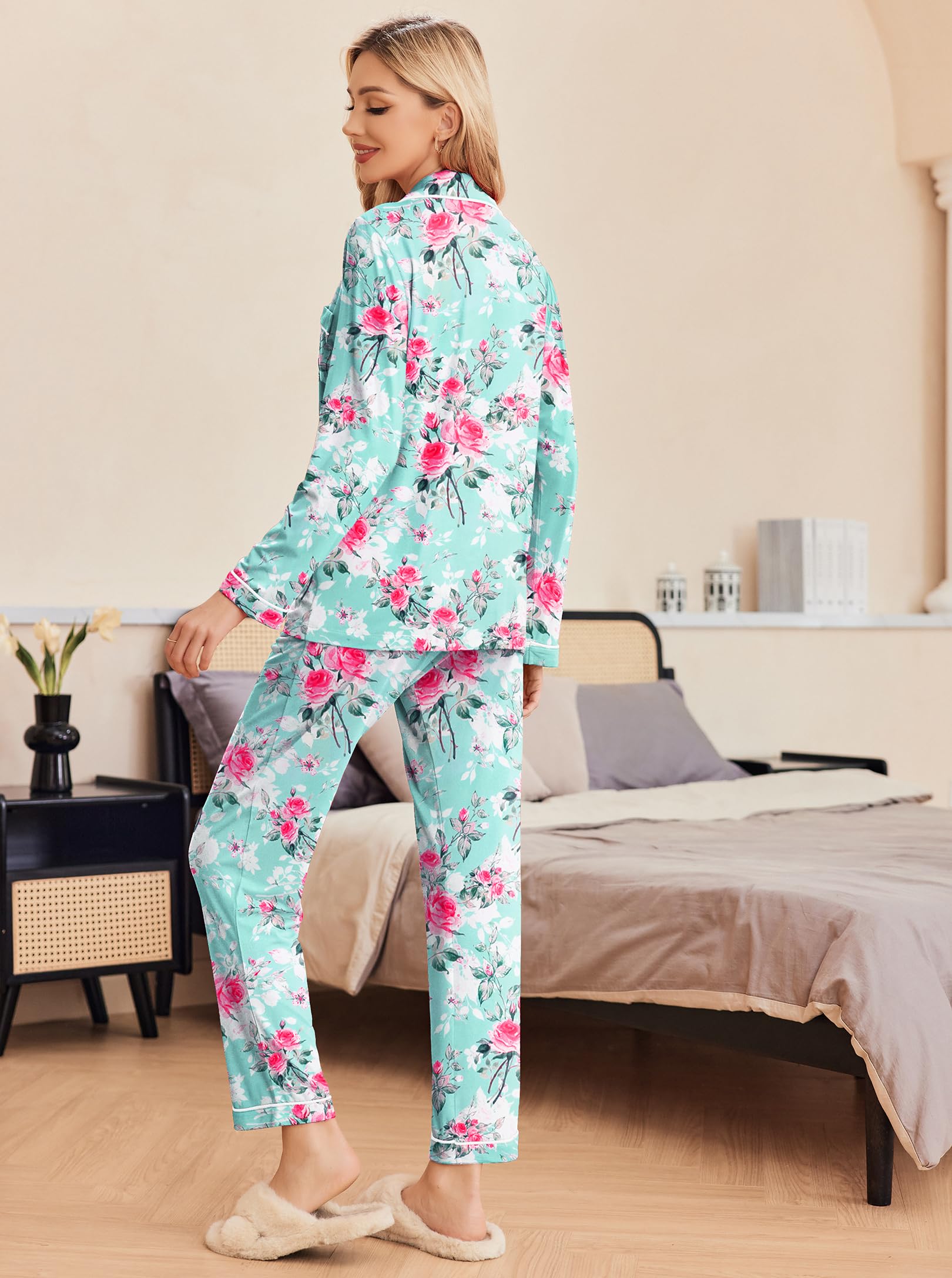Ekouaer Pajamas Women's Long Sleeve Sleepwear Soft Button Down Loungewear Pjs Lounge Set Nightwear XS-XXL: Small Floral Light Green
