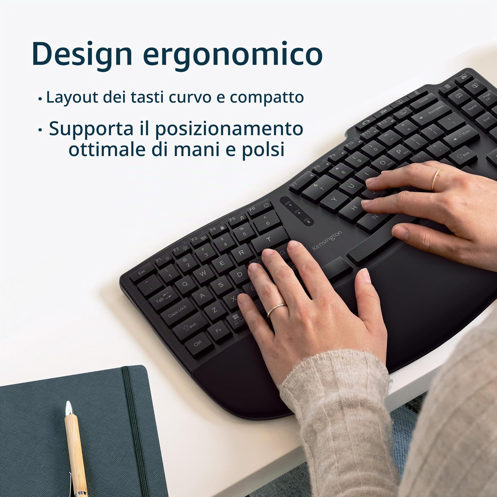 Kensington Pro Fit Ergo KB675 EQ, Tastiera Wireless TKL Ricaricabile QWERTY, 2.4GHz Bluetooth, Compatibile con Windows e macOS, Composta per il 43% da Materiale Riciclato Post-Consumo, K75491IT