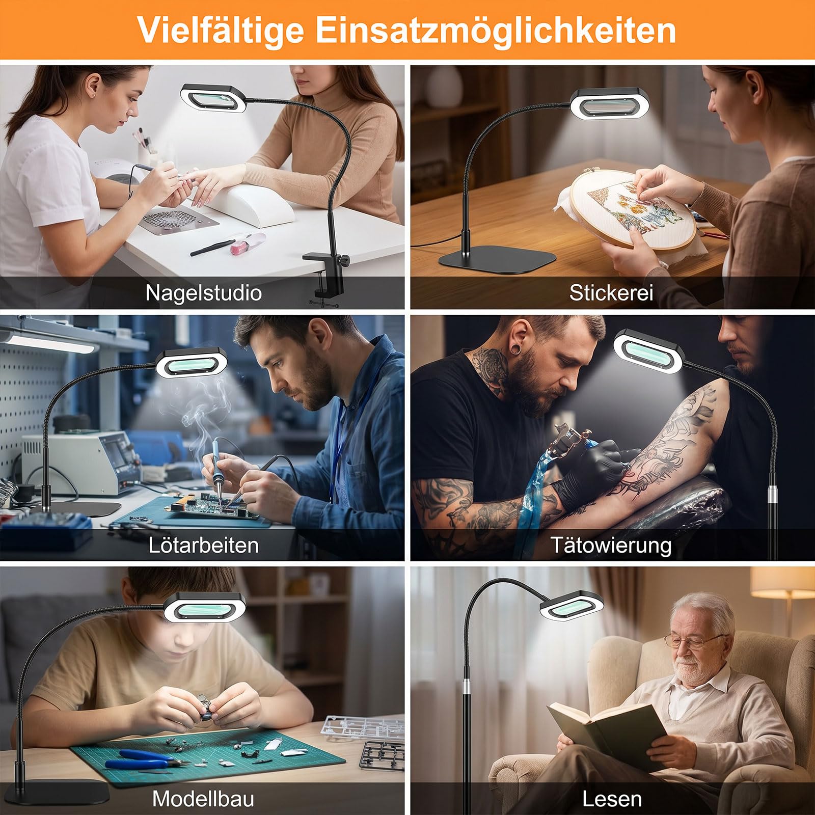 10X Lupenleuchte mit Licht und Standfuß - LED Schwanenhals Standlupe Klemme | 3 in 1 Lupenlampe 5 Farbmodi Stufenlos Dimmbar,142cm Höhenverstellbare Schreibtischlampe mit Lupe für Senioren Lesen Handwerk