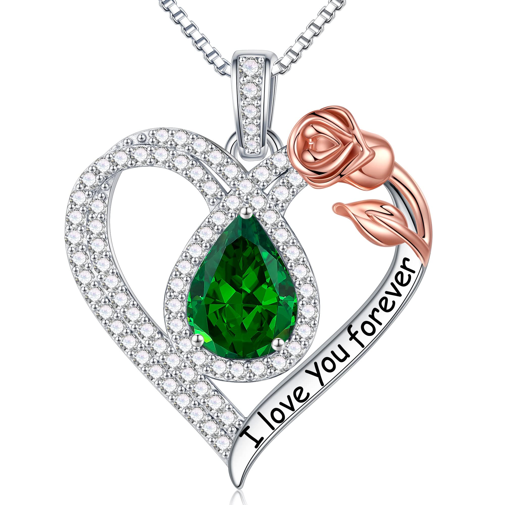 HidepooGifts for Women Mom Wife - Sterling Silver Rose Heart Birthstone Necklace I Love You Forever Heart Pendant Teardrop Necklace Jewelry Anniversary Birthday Gifts for Women
