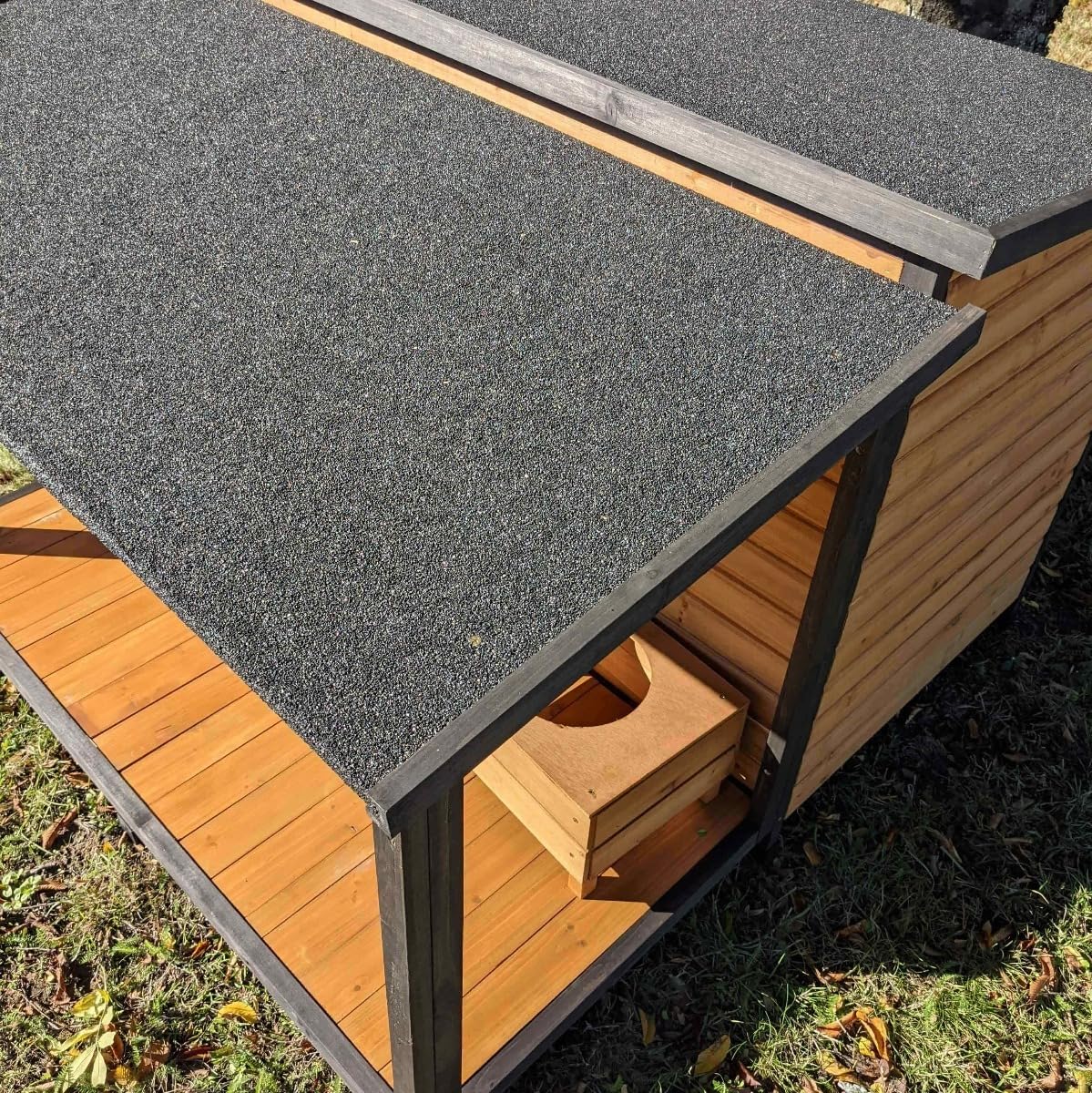 Animal Valley Hundehütte Deutscher Schäferhund mit Schiebedach und Terrasse – Holz und Kunststoff – L 136 x B 136 x H 95 cm – Größe XXL – Beige und Grau – für sehr große Hunde