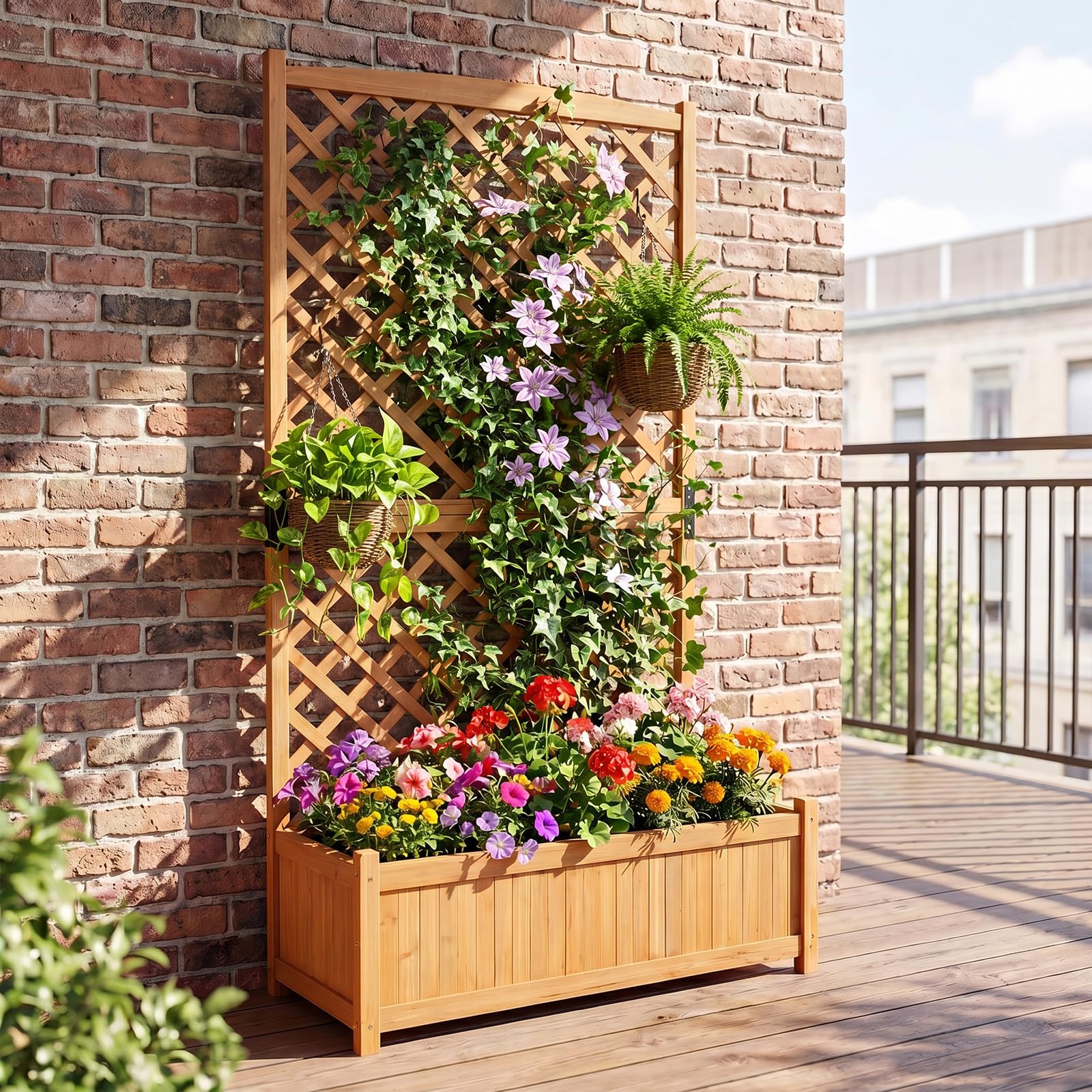 COSTWAY Fioriera da Esterno con Grigliato, Letto Rialzato in Legno con Traliccio e Fori di Drenaggio, Aiuola Rialzata per Piante Rampicanti e Fiori, 90 x 45 x 180,5 cm (Arancione)