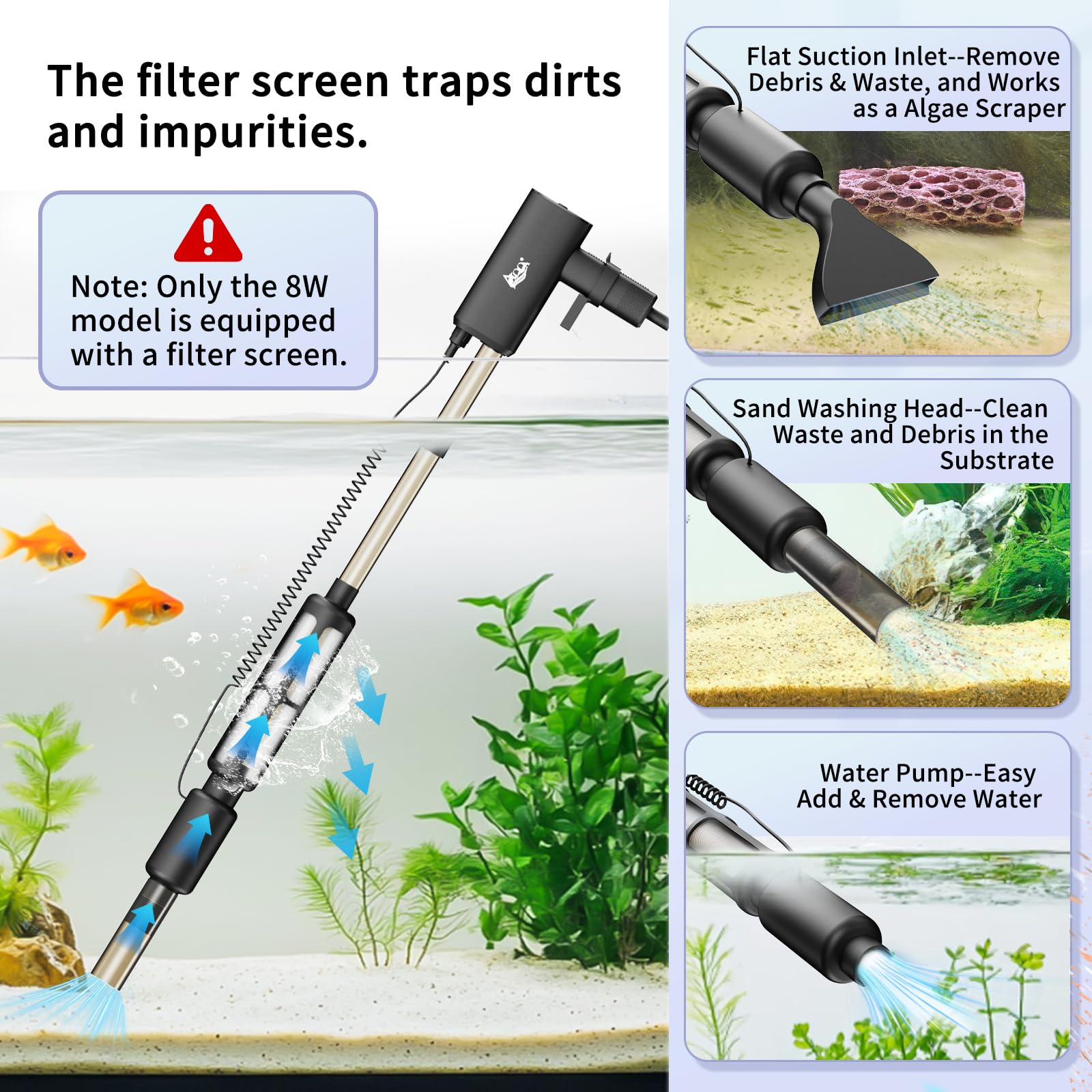 Pulitore per Acquario Elettrico Ricaricabile 8W, Aspiratore Gravita con 4 Livelli di Aspirazione Regolabili, Cambio Acqua Automatico, Rimozione Detriti e Lavaggio Sabbia per Acquari di Pesci