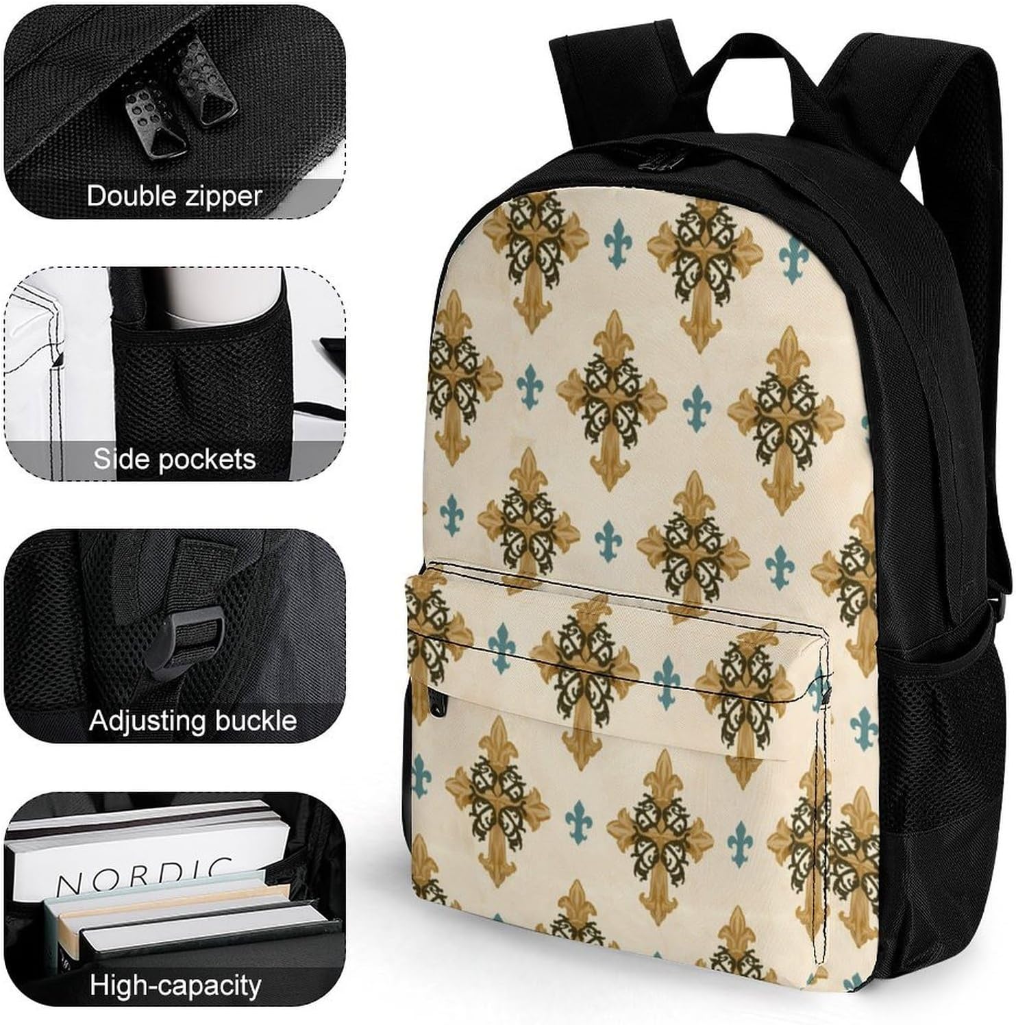 Vintage Cross Fleur‑de‑lis Backpack Lightweight Backpacks Work Bag