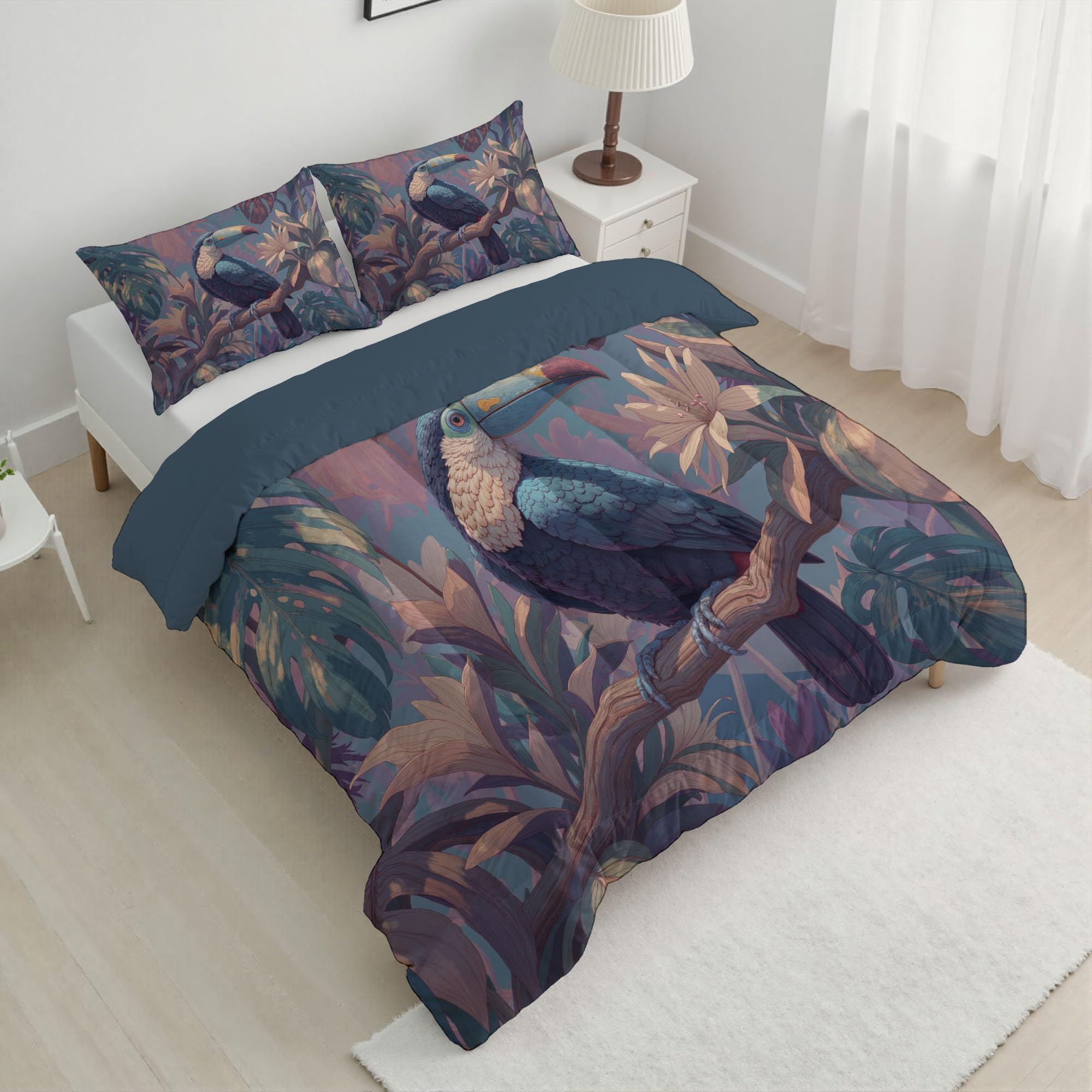 Trapunta Letto Singolo 4 Stagioni Piumone per Bambini, Retro Tucano Leggero Foresta Pluviale Tropicale Astratta Set di Biancheria da Letto 140x200cm con 1 Federe,Piumino Lavabile In Lavatrice