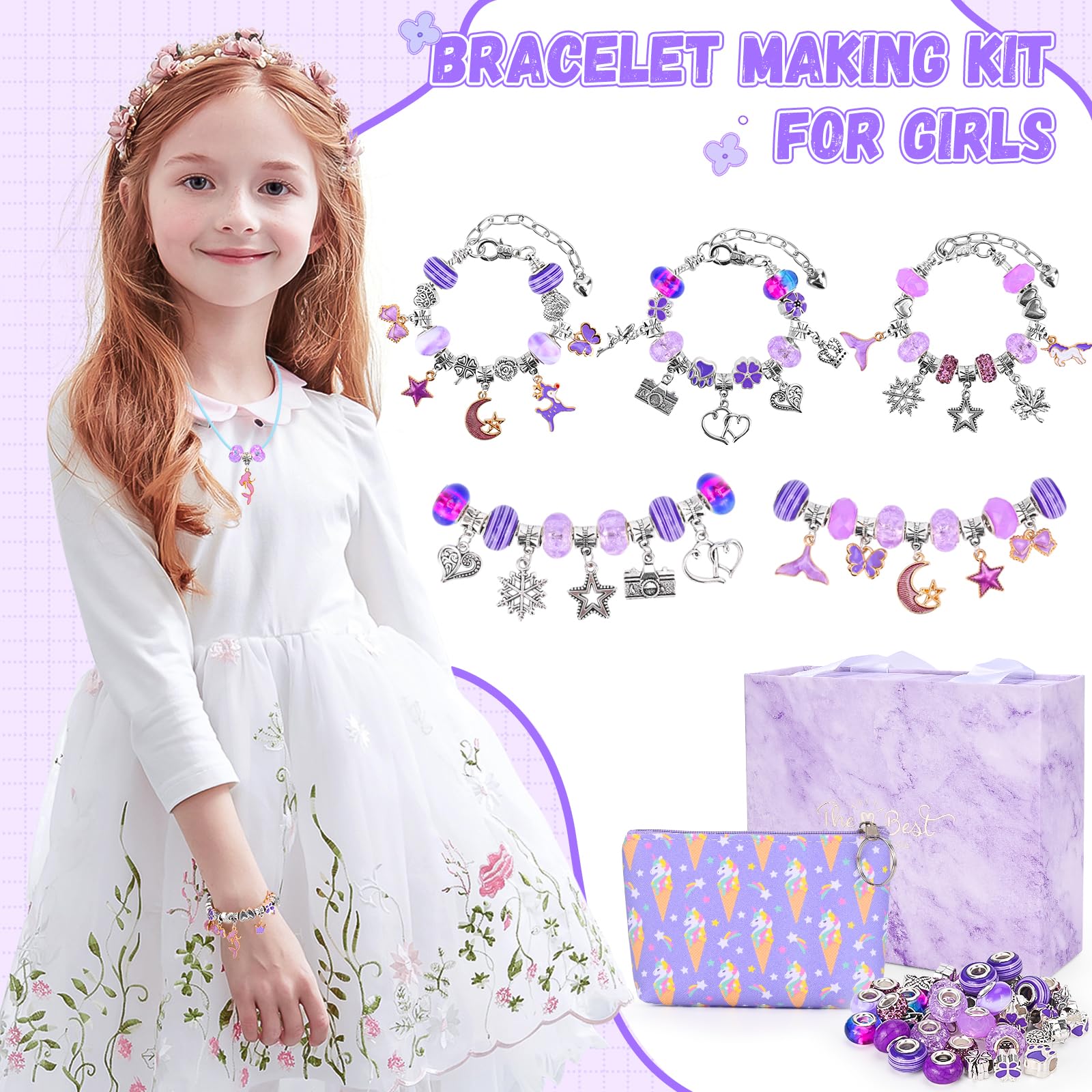 Sarsumir Kit Braccialetti Fai da Te Bambina, Set per Fare Braccialetti Bambina con Bracciali e Collane Regolabili Crea Braccialetti Bimba 4-12 Anni, Viola
