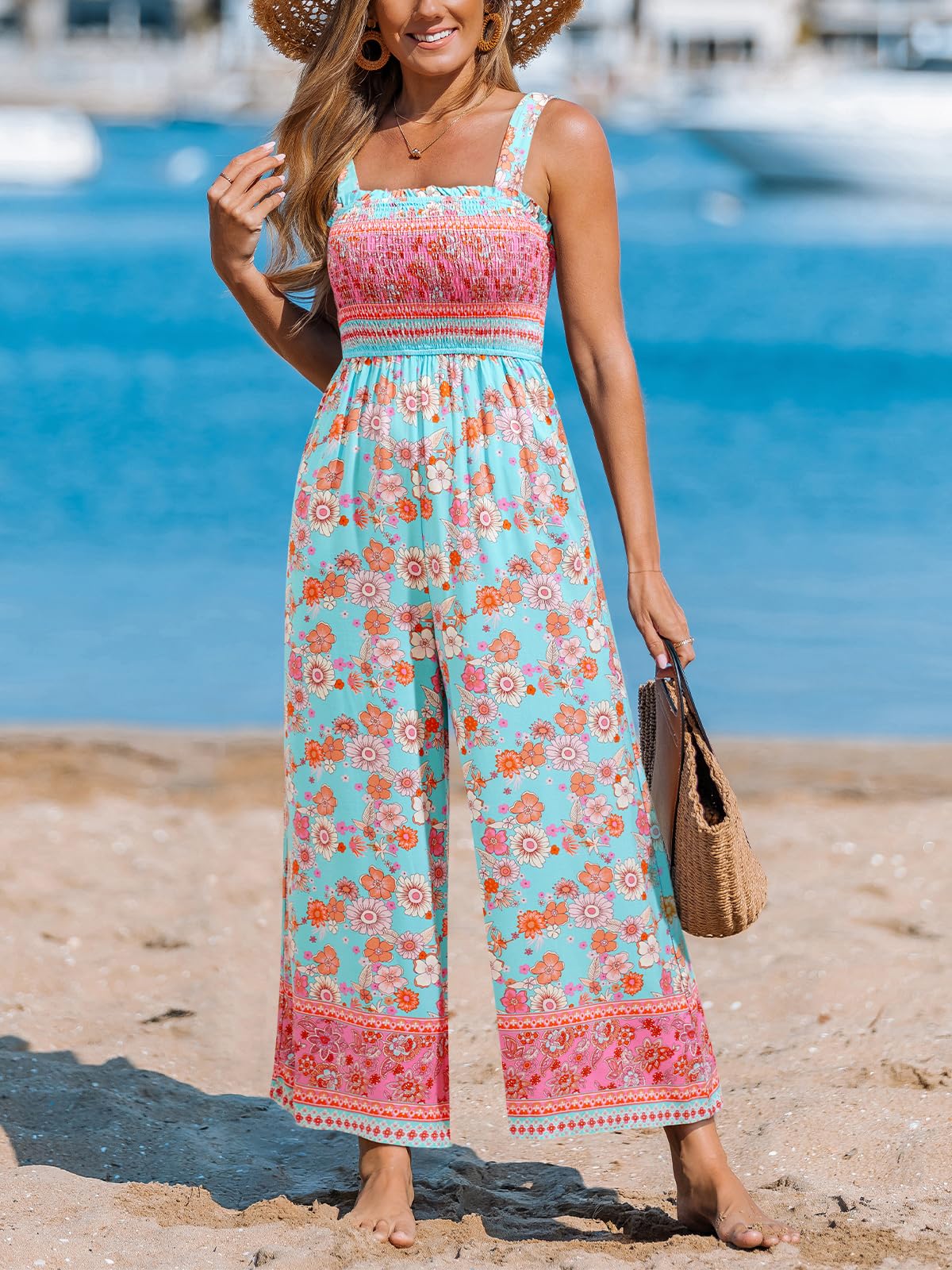 CUPSHE Damen Boho Jumpsuit Blumenmuster Gesmokt Weites Bein Träger Overall