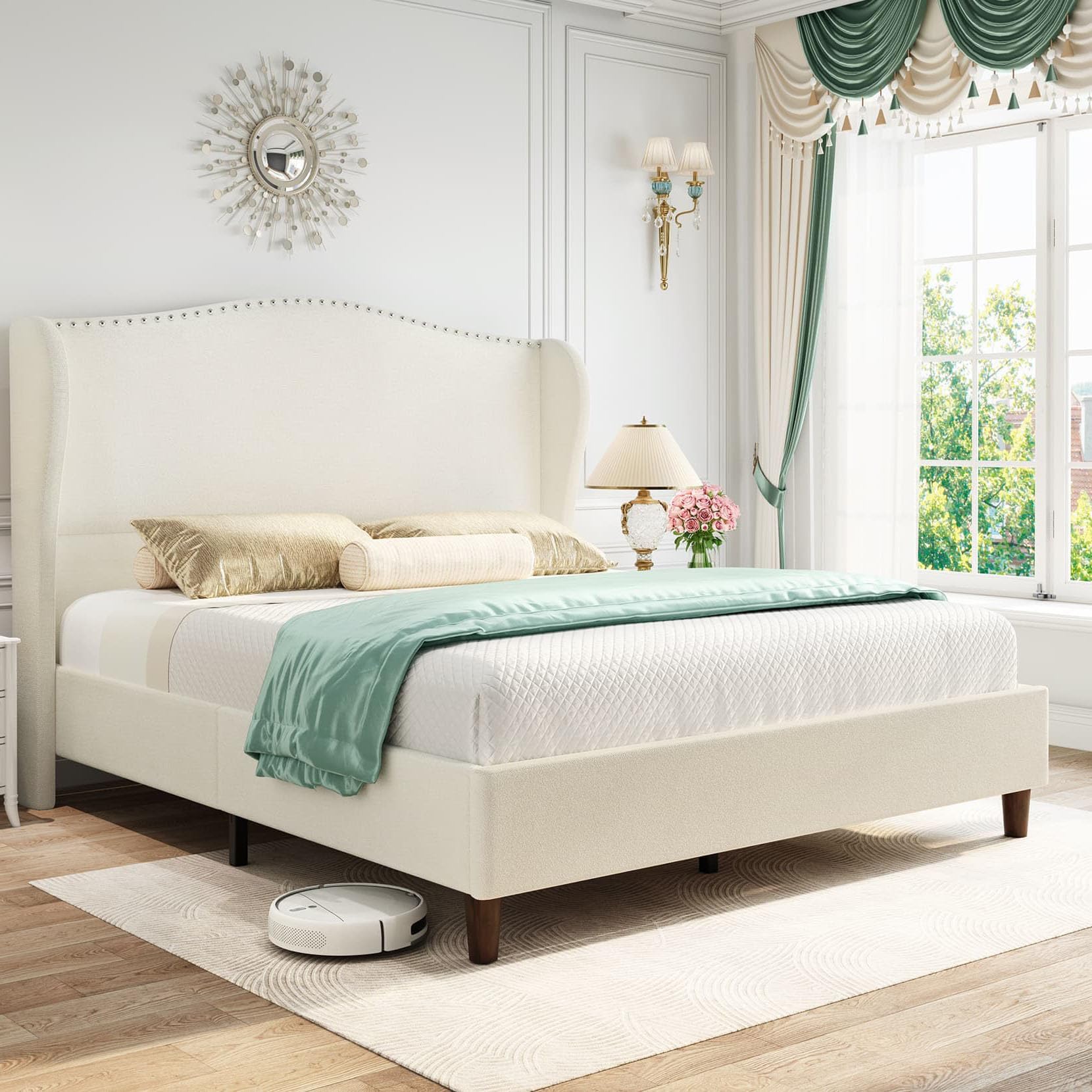 Photo 1 of Yaak King Size Bed Frame Upholstered, Platform Bed Tall Headboard 52", Modern Nailhead Trim Headboard Wingback, No Box Spring Needed, Wood Slats Support, Easy Assembly, Cream