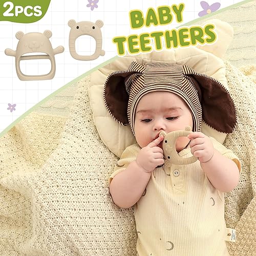 Miniatura 2 de TinyHalo 2 juguetes de dentición de silicona para bebés, autorelajantes y saludables para el desarrollo bucal sin BPA, anticaídas, adorables y