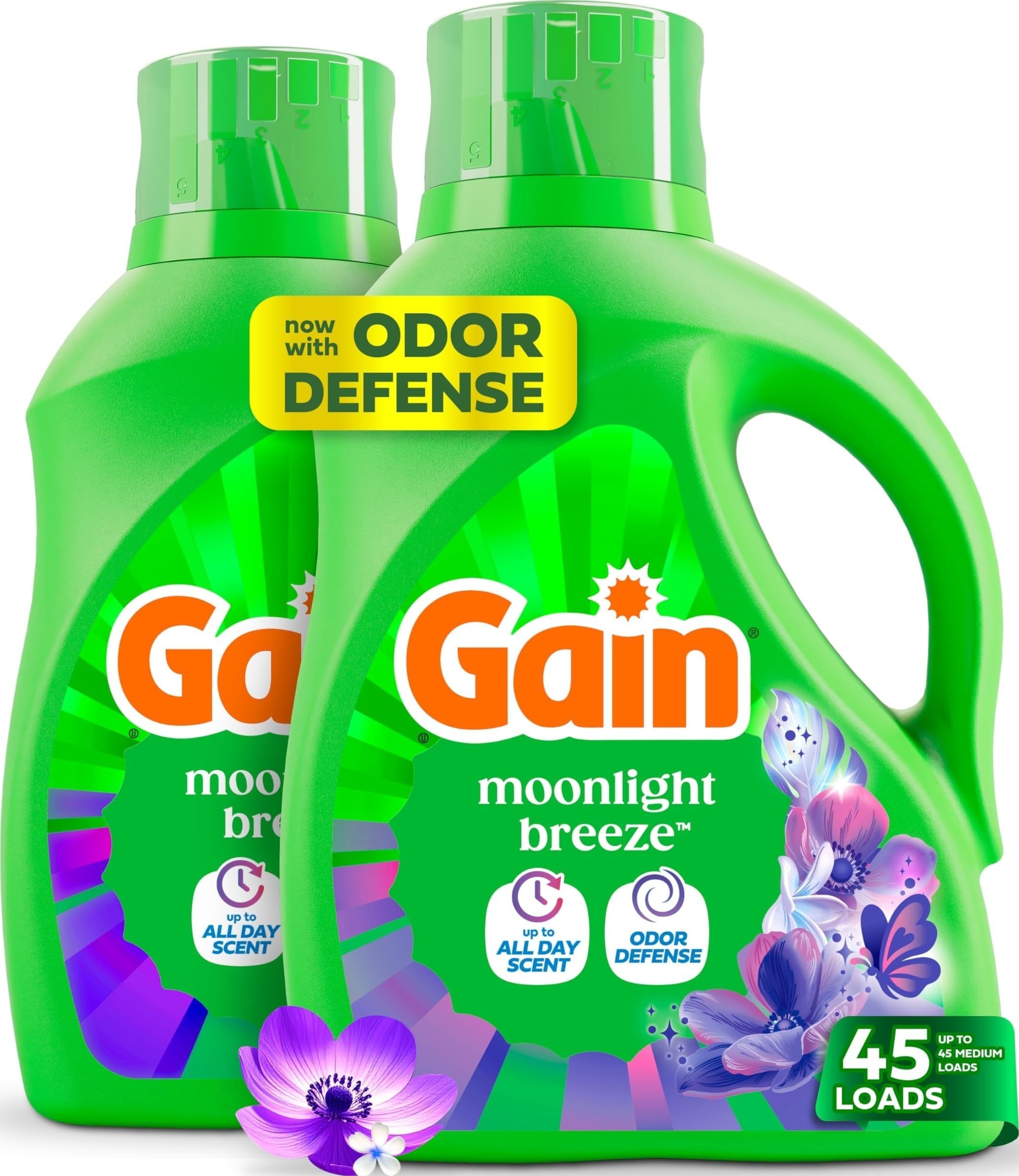 Gain Liquid Laundry Detergent with Odor Defense, Moonlight Breeze Scent, Laundry Soap For HE Washing Machines, 60 fl oz, 45 Loads, Pack of 2 (Packaging May Vary)