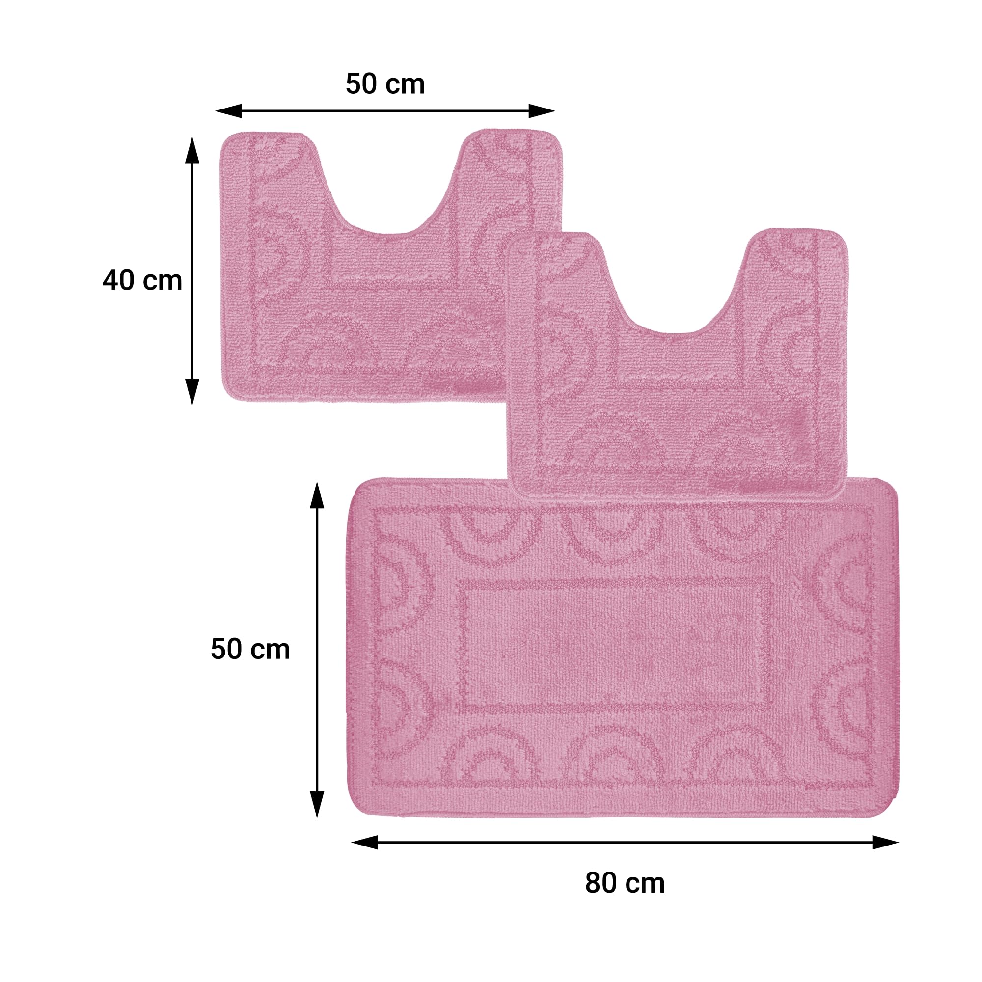 Comart - Nicole Badezimmerteppich-Set - 3-teilig - rechteckiger Teppich 50 x 80 cm + Zwei WC-Vorleger 50 x 40 cm - rutschfeste, schnelltrocknende Tris - Atmungsaktiv - Maschinenwaschbar - Rosa