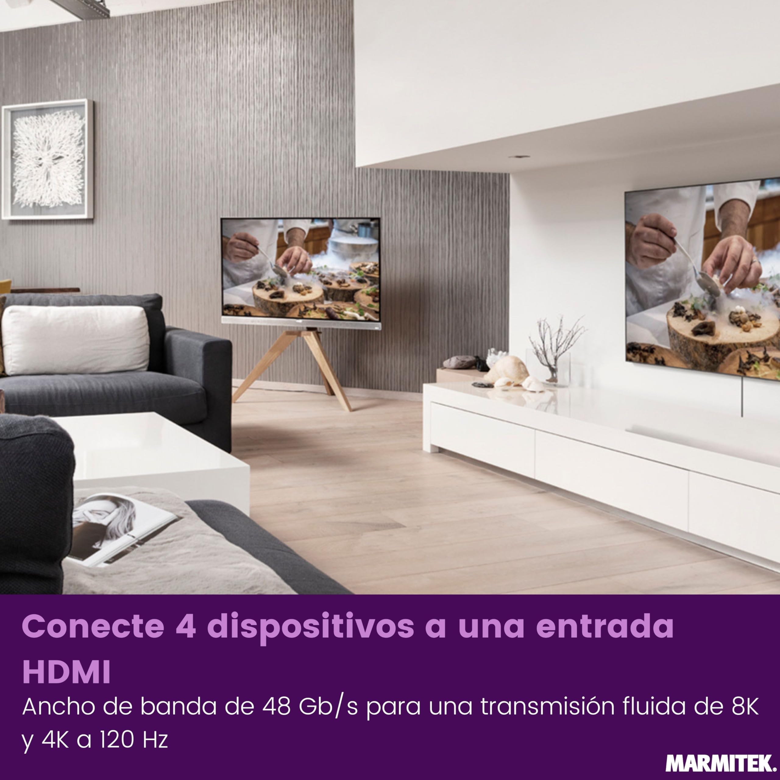 Marmitek Connect 740 - Switch HDMI 8K - 4K120 Gaming - 4 entradas 1 Salida | Conmutador HDMI 2.1, 4 entradas 1 salida para gaming 4K120, 48 Gbit/s, VRR, ALLM, QMS, QFT, cambio automático y mando