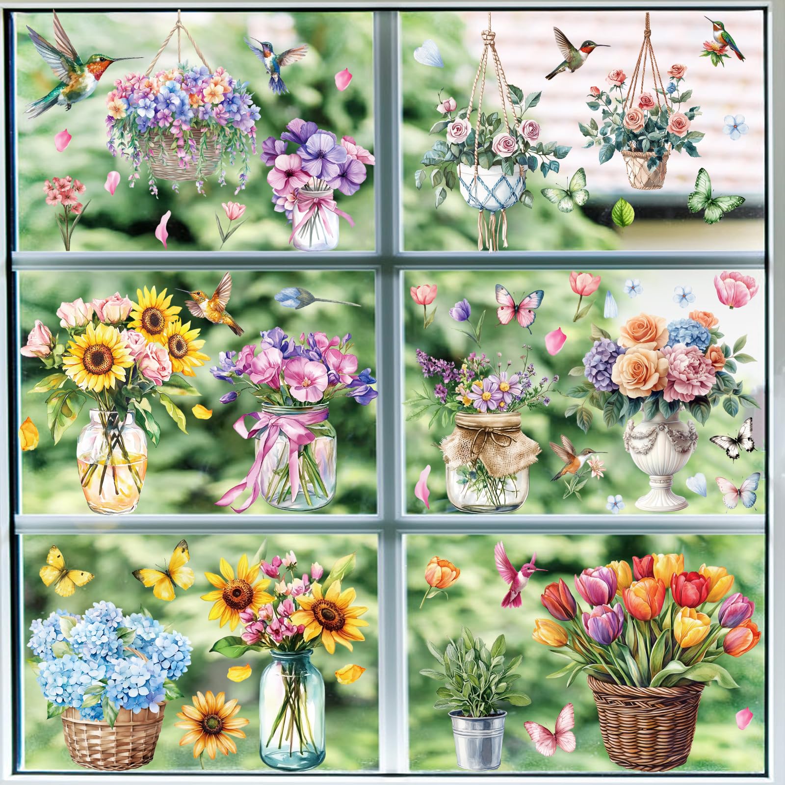 Cmaone Spring Window Clings Tulip Flower Window Stickers Hello Spring Double-Side Glass Decals for Home Office School Party Shop Display Decoration