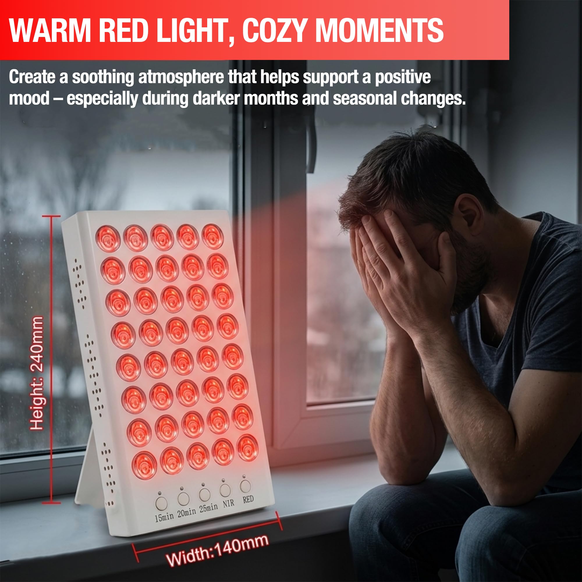 Panneau de luminothérapie rouge et infrarouge, lampe de luminothérapie pour le visage et le corps (660 nm et 850 nm), support ajustable et 3 minuteries pour un usage quotidien