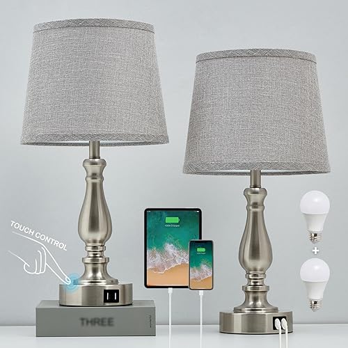 Juego de 2 lámparas de mesa de noche para dormitorio, lámparas de noche táctiles con puertos USB duales, lámparas de dormitorio regulables de 3 vías