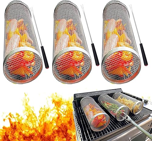 ZEEYU - Cesta rodante para parrilla, la mejor cesta de parrilla de acero inoxidable, malla redonda de acero inoxidable, estante de barbacoa de