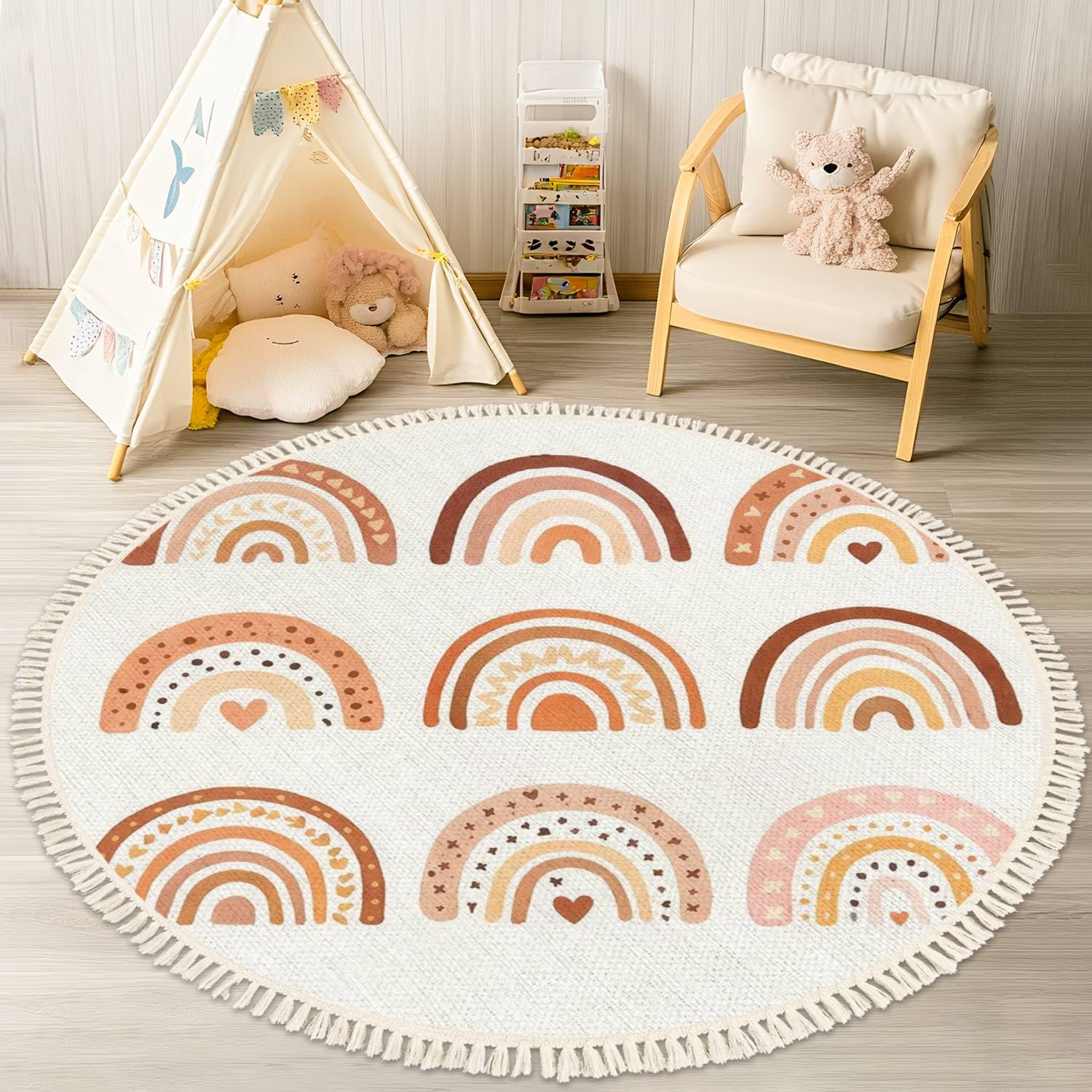DNEWYNPABV Round Boho Rug Hand Drawn Rainbows Cute Set in Pastel and Earthy Colors Area Rug 4 ft x 4 ft Cotton Linen Blend Rug for Living Room and