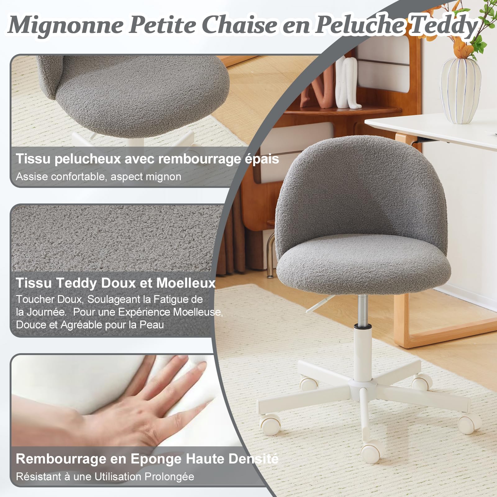 Bonnlo Chaise de Bureau Mignonne sans Accoudoirs, Petite Chaise Confortable, Fauteuil de Coiffeuse avec Support Lombaire, Chaise Pivotante Réglable pour Bureau, Chambre, en Teddy (Gris)