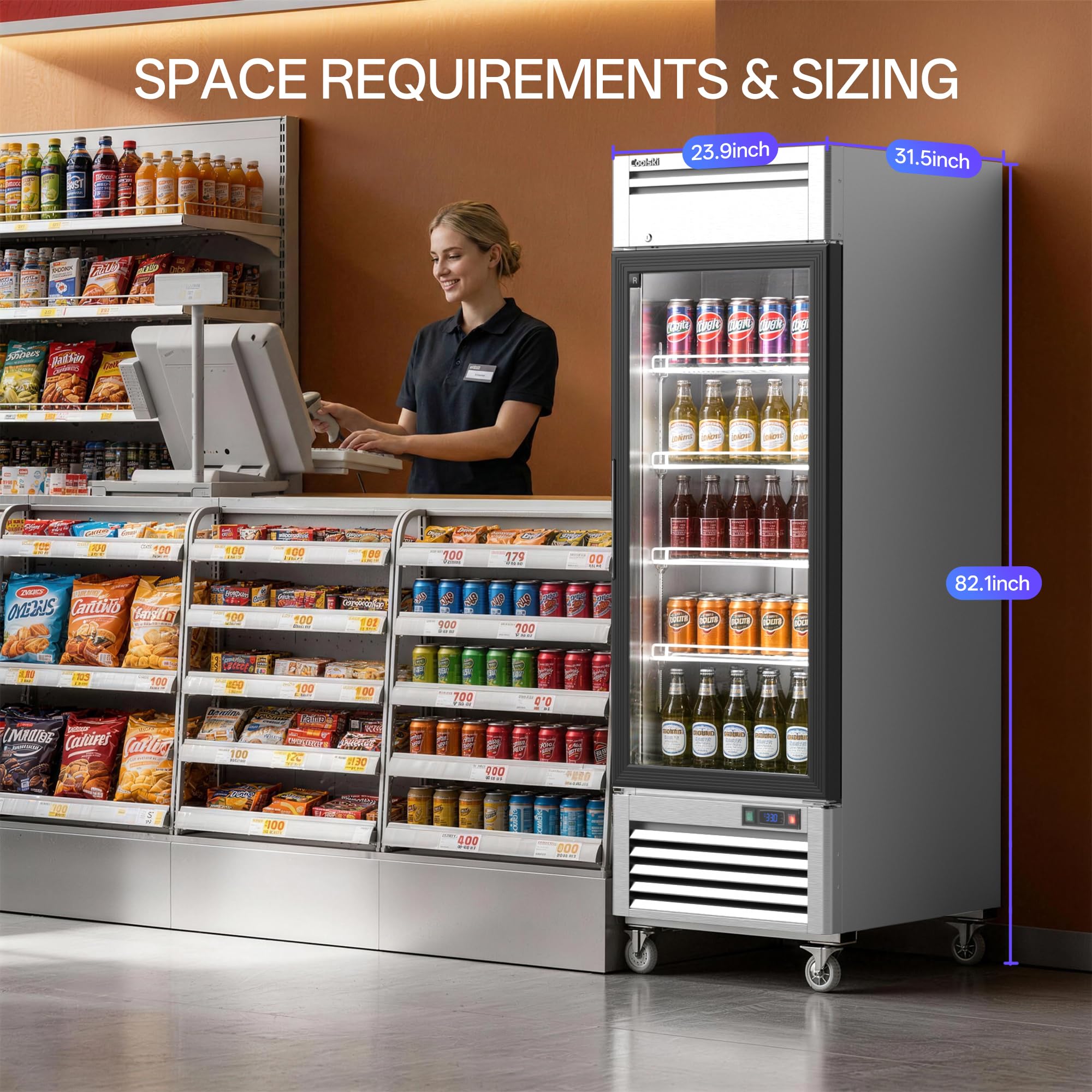 COOLSKI 27”W Commercial Single Door Beverage Refrigerator, 21.8 Cu.Ft Drink Display Fridge With Glass Door, Stainless Steel Merchandiser Cooler, For Shop Restaurant Store on Fridge.com - View 6