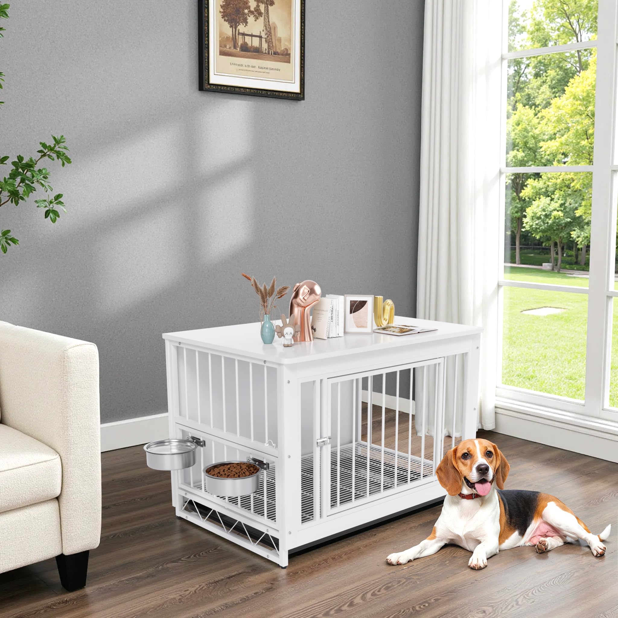 MAMIZO Gabbia per Cani Interno 93x64x58 CM, Tavolino, Armadietto, Casetta per Cani con 2 Ciotole e Porte, Kennel Cane con Vassoio Estraibile, gabbia cane Medio Piccolo, Bianco