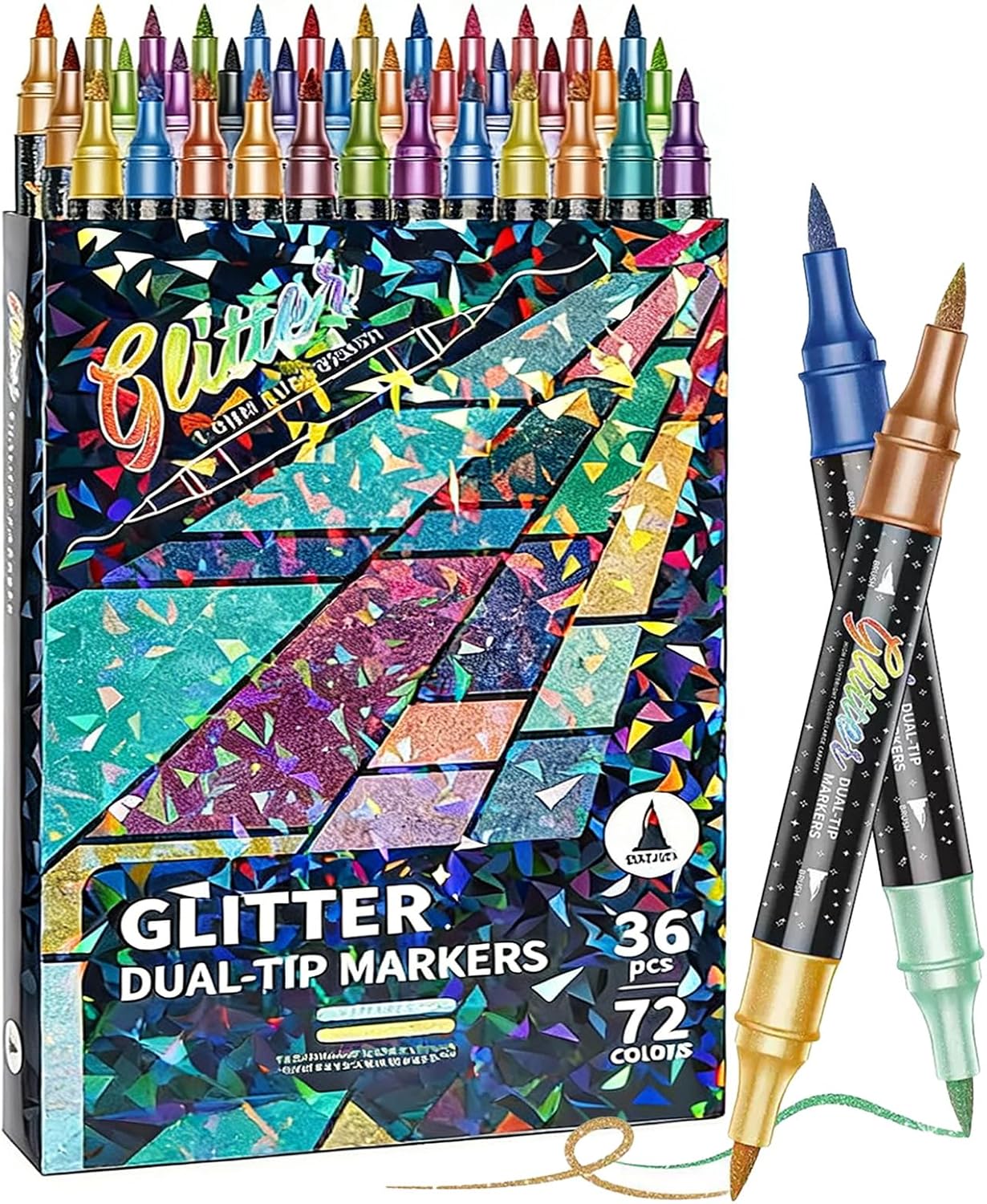 24/48/72/96 Colors Glitter Effect Brush Markers, Glitter Dual-tip Double Colours Shimmer Markers, 2-in-1 Quick-drying Large Capacity 6mm Soft Brush Tip Pen for Coloring (72)