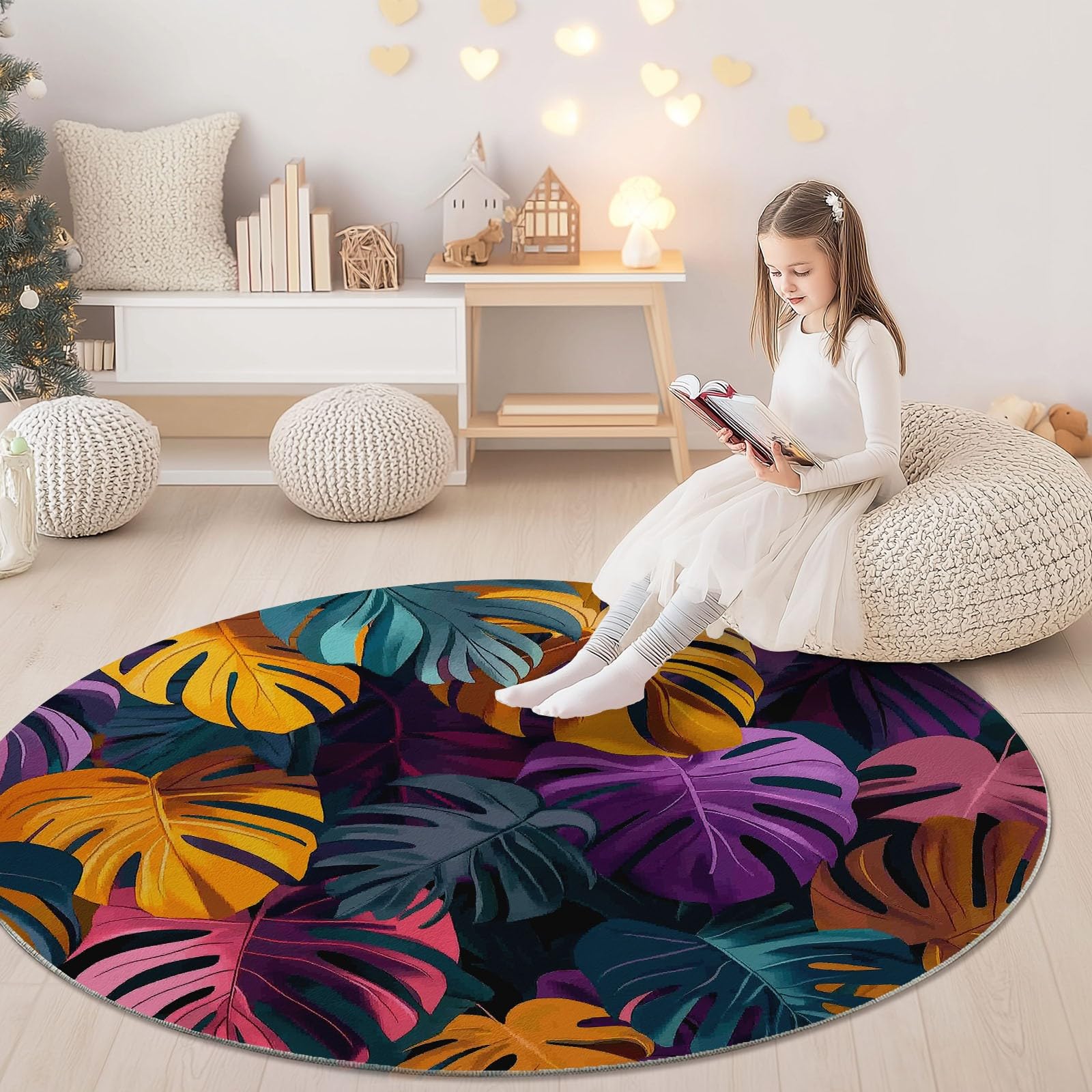 Generisch Teppiche für Wohnzimmer Rund, Abstrakte Tropische Blätter Drucken Teppich Schlafzimmer Groß Flanell Flauschig Weich rutschfest Fußmatte Waschbar für Kinderzimmer, Durchmesser 100 cm, Bunt