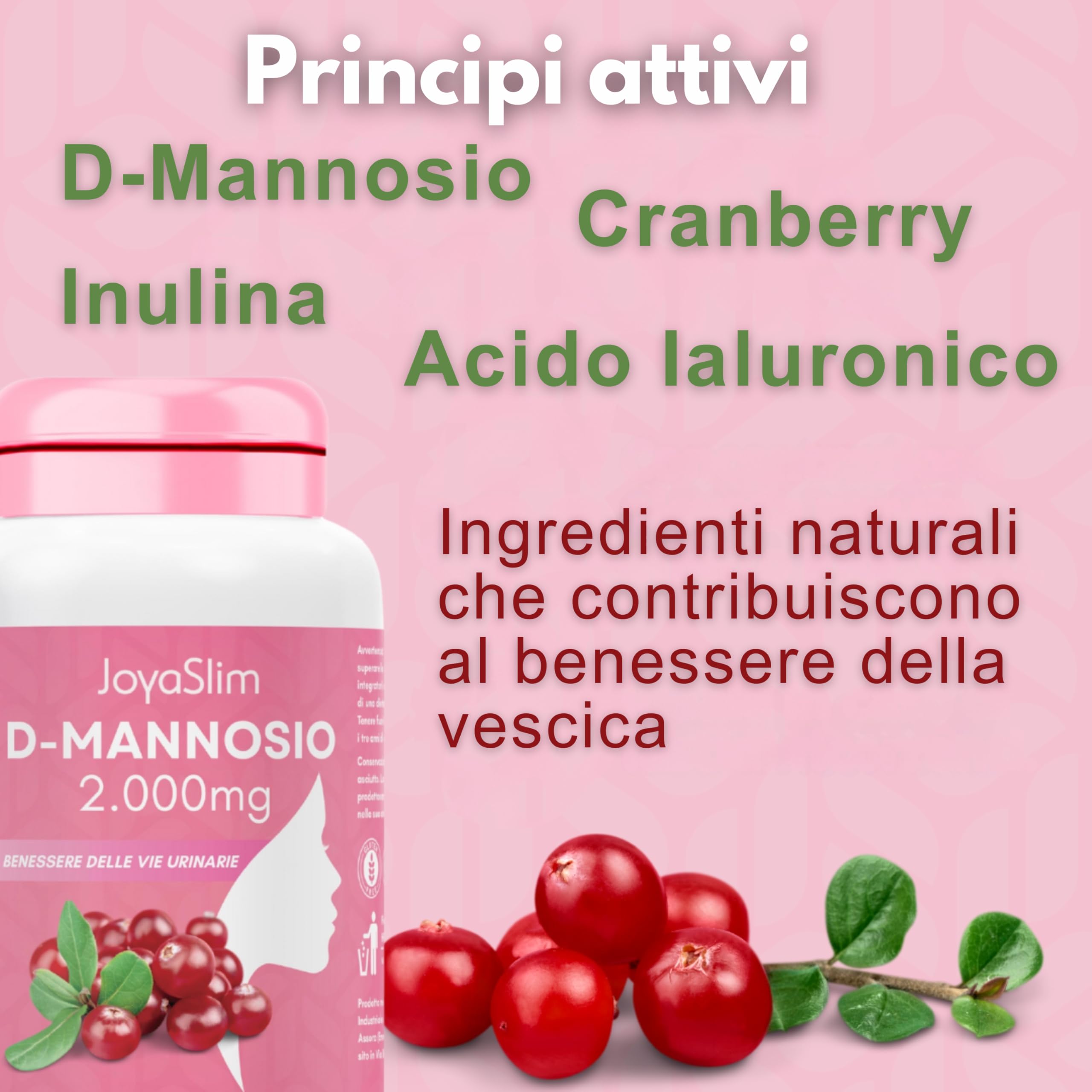 D Mannosio Puro 2000mg. JoyaSlim® Integratore Cistite e Candida. Con Acido Ialuronico, Mirtillo Rosso e Inulina. 200 Compresse (Fornitura 3 Mesi) Supporto Naturale Vie Urinarie Donna e Uomo