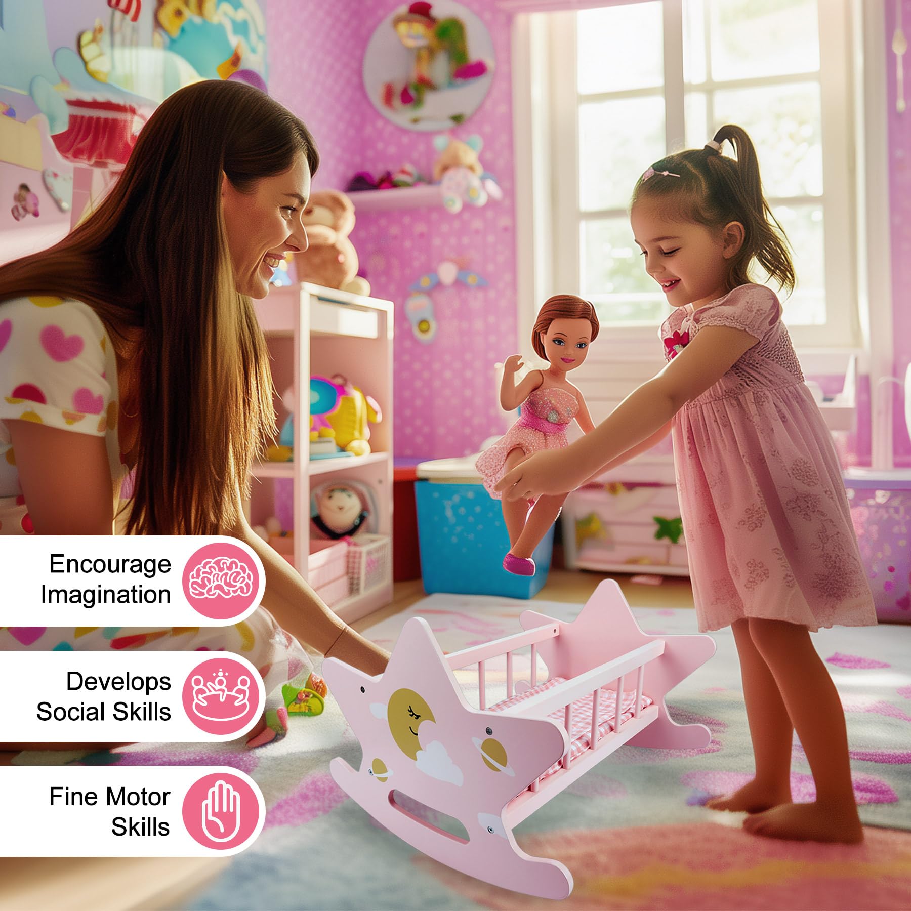 Cuna de Madera para muñecas, Adecuado para muñecas de hasta 46 cm, Rosa Juguete de Madera con Ropa de Cama, Juguete para Niños y Niñas a Partir de 3 Años